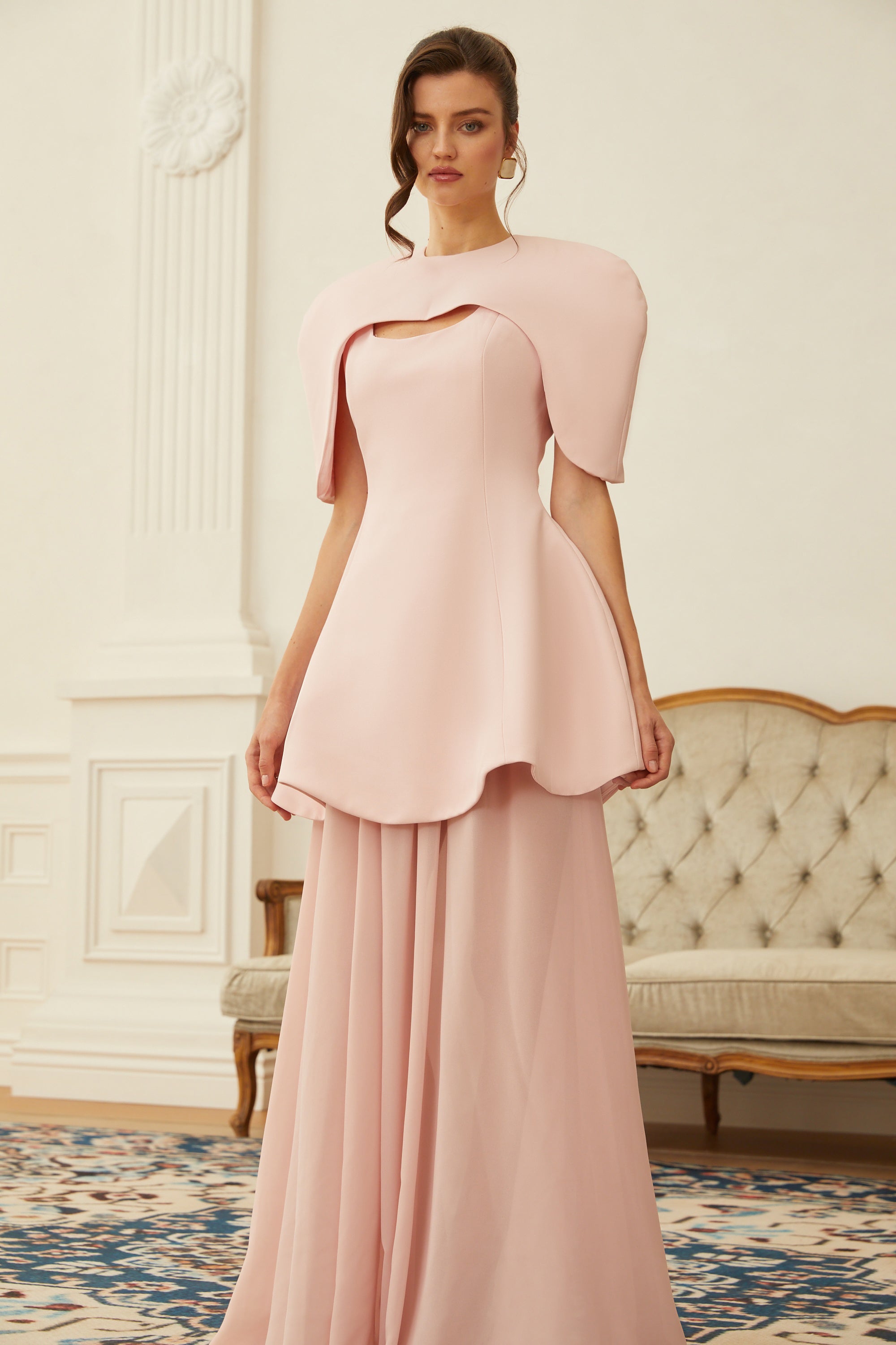 Auriane Pink Layered Cape Sculptural Maxi Dress Set