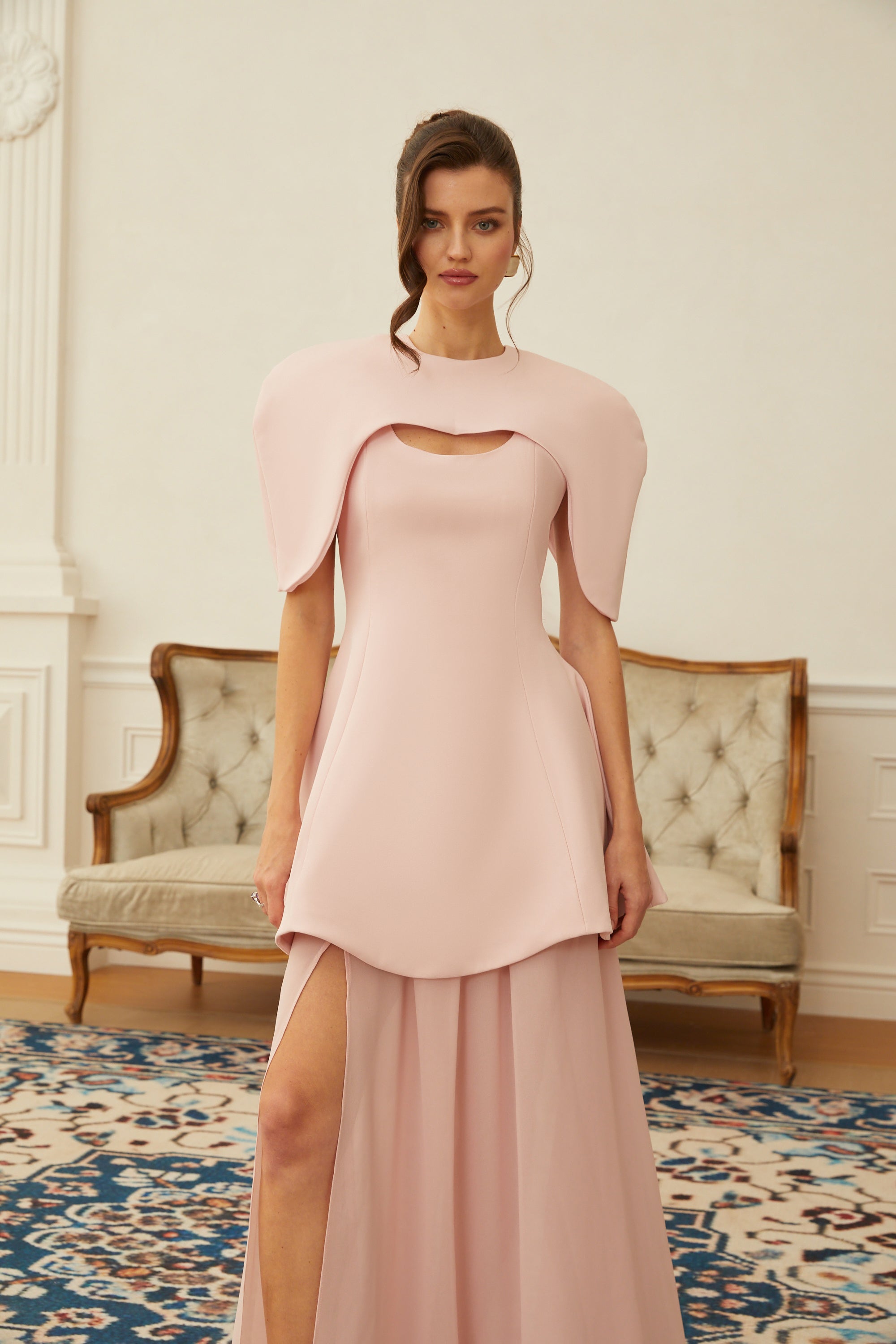 Auriane Pink Layered Cape Sculptural Maxi Dress Set