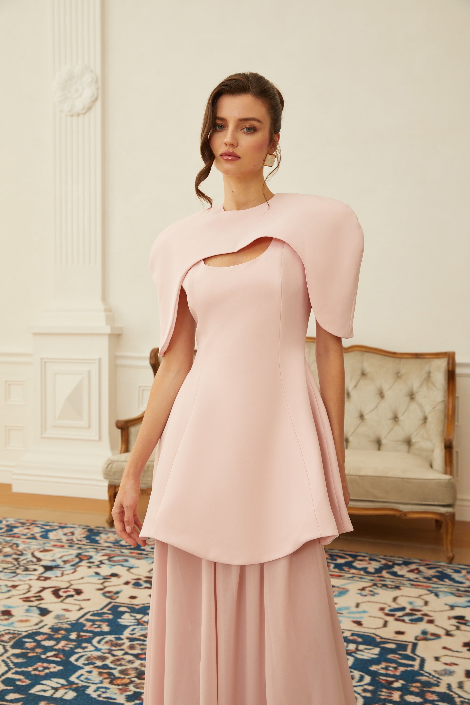 Auriane Pink Layered Cape Sculptural Maxi Dress Set