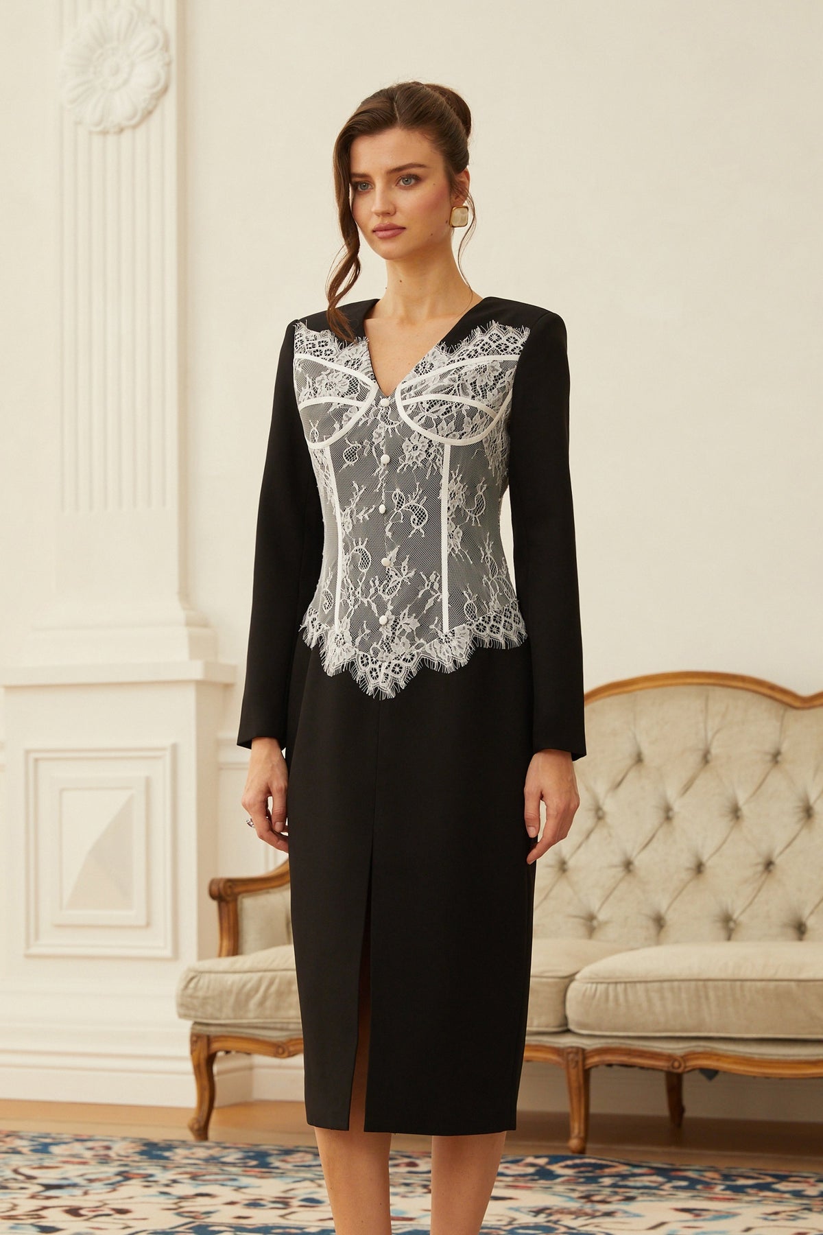 Zephyra Black Lace Corset Panel Midi Dress