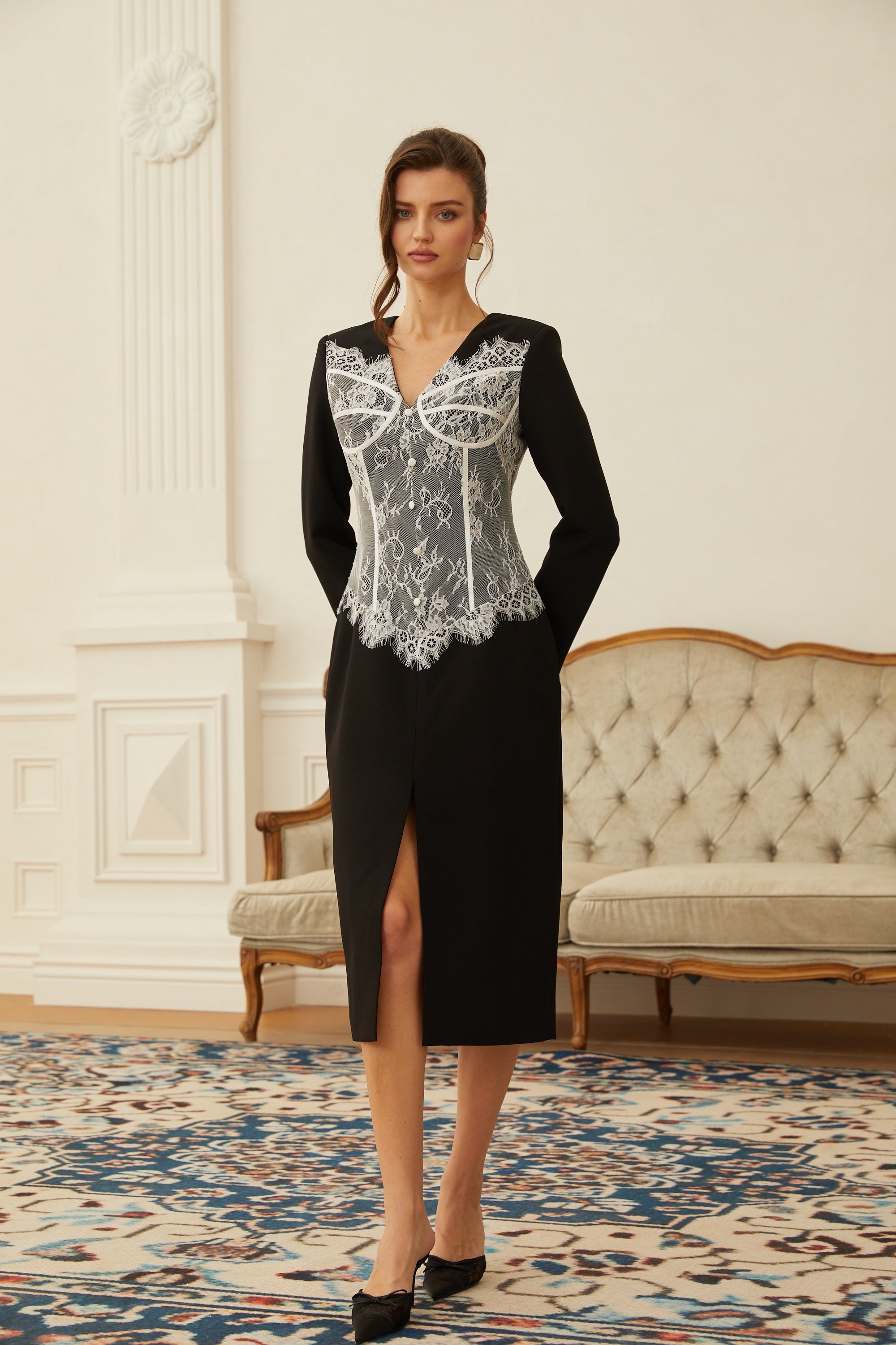 Zephyra Black Lace Corset Panel Midi Dress