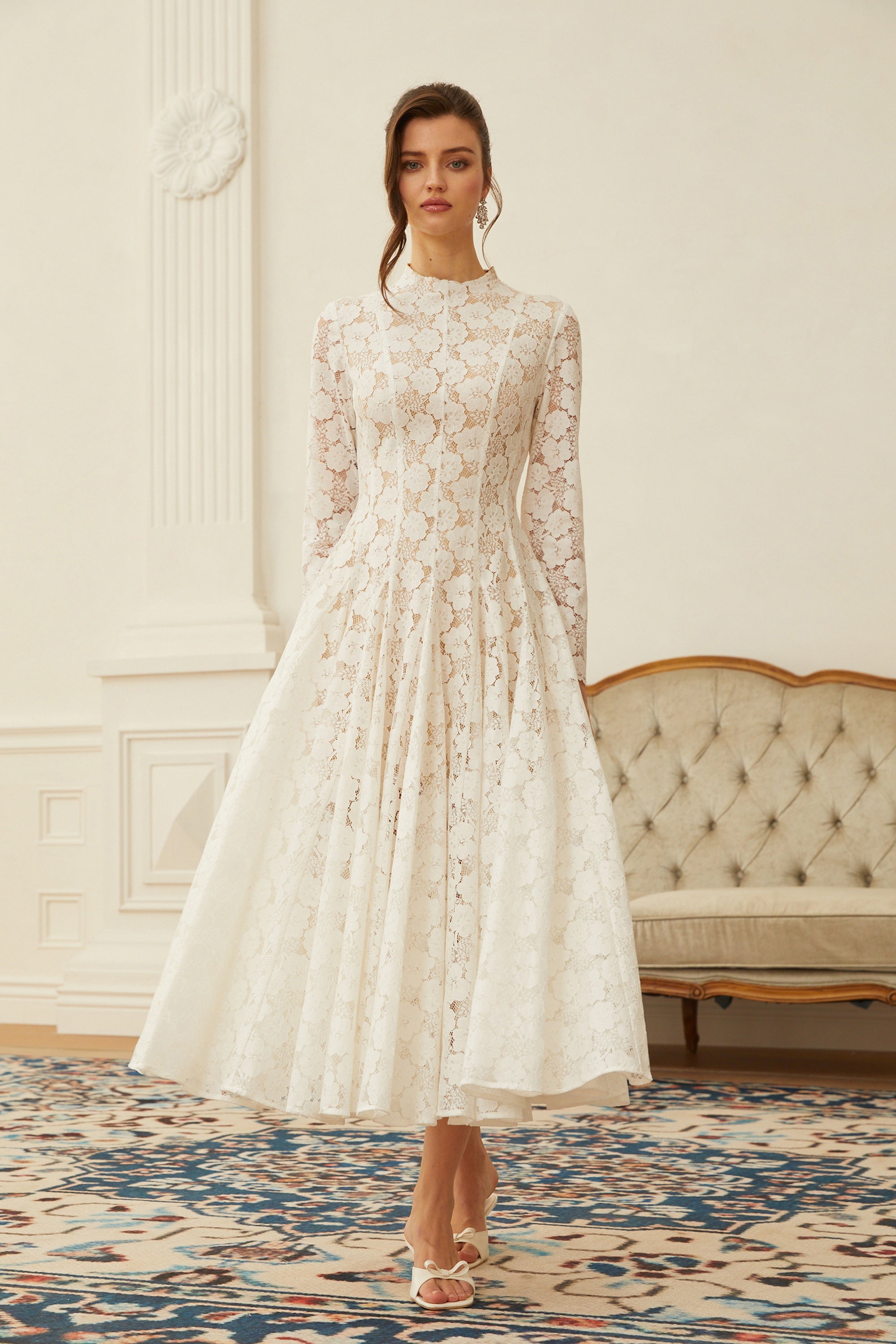Bronte White Pleated Floral Lace Midi Dress