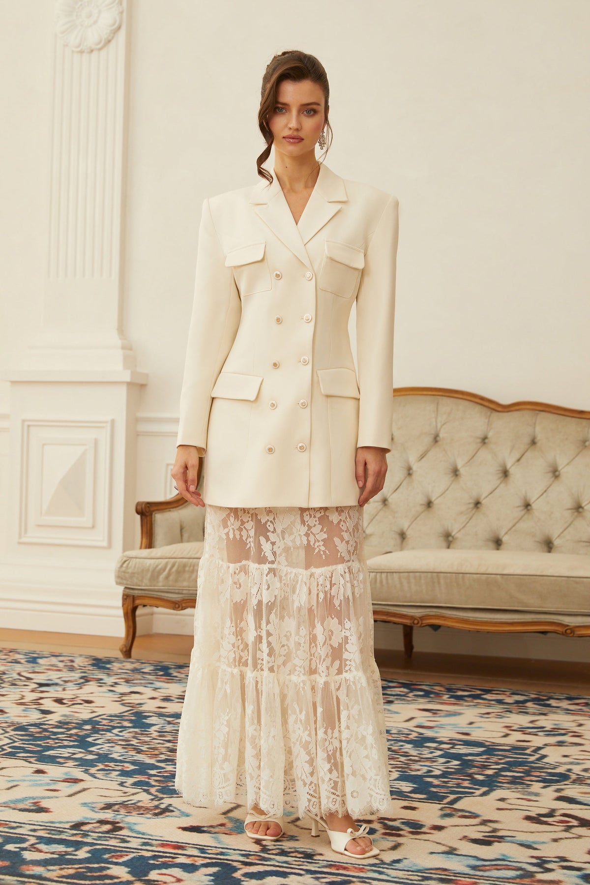 Liliana White Double-Breasted Blazer & Lace Skirt Set