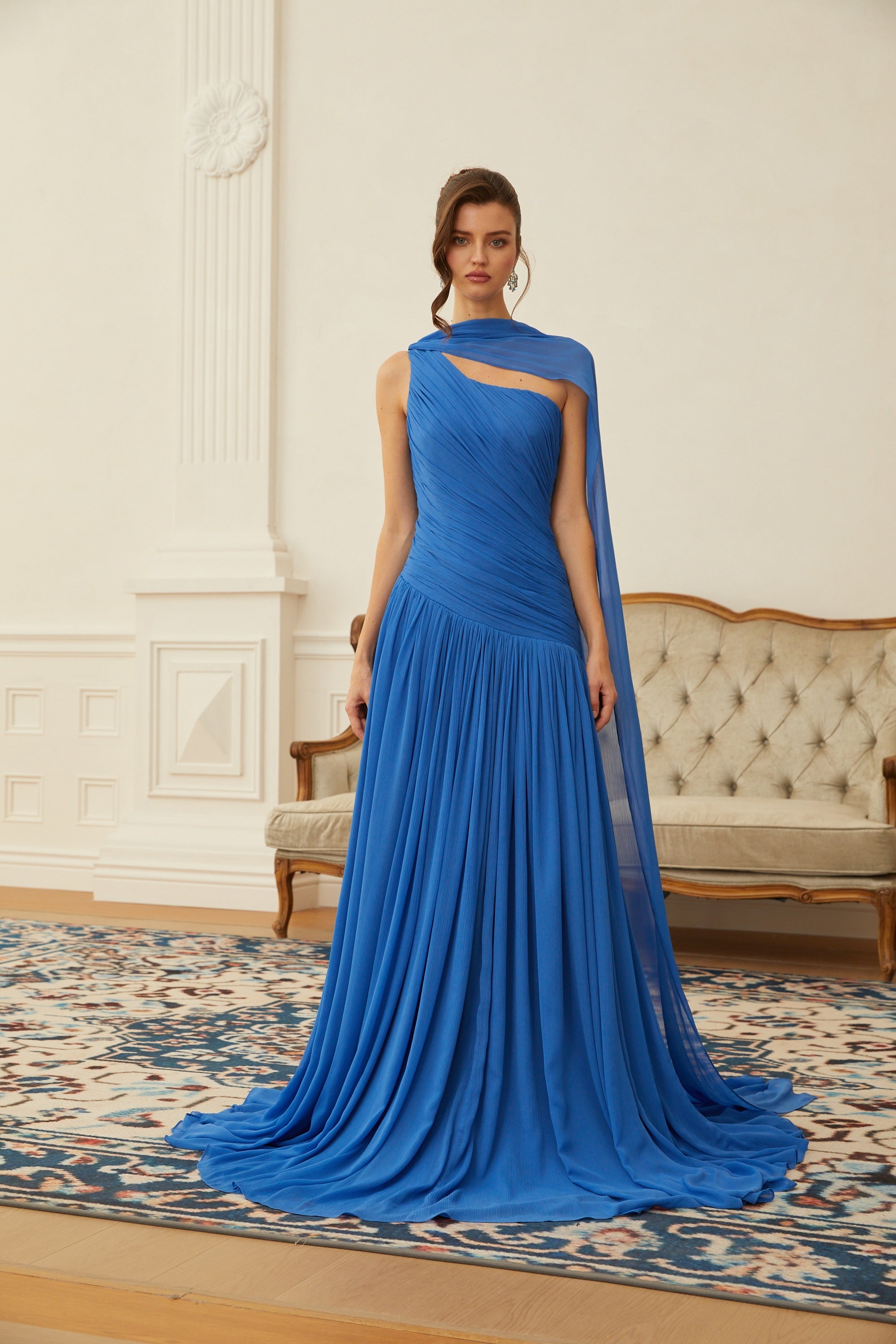 Faustine Blue Cape Design Ruched Maxi Dress (Final Sale-US Only)
