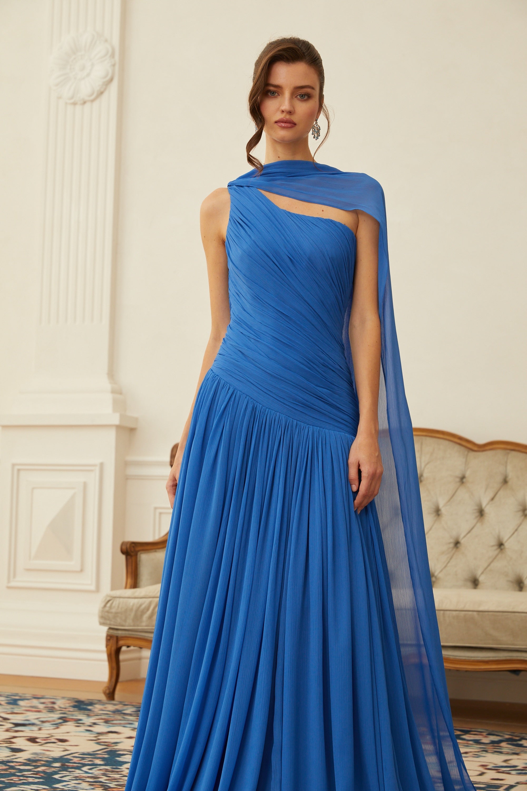 Faustine Blue Cape Design Ruched Maxi Dress