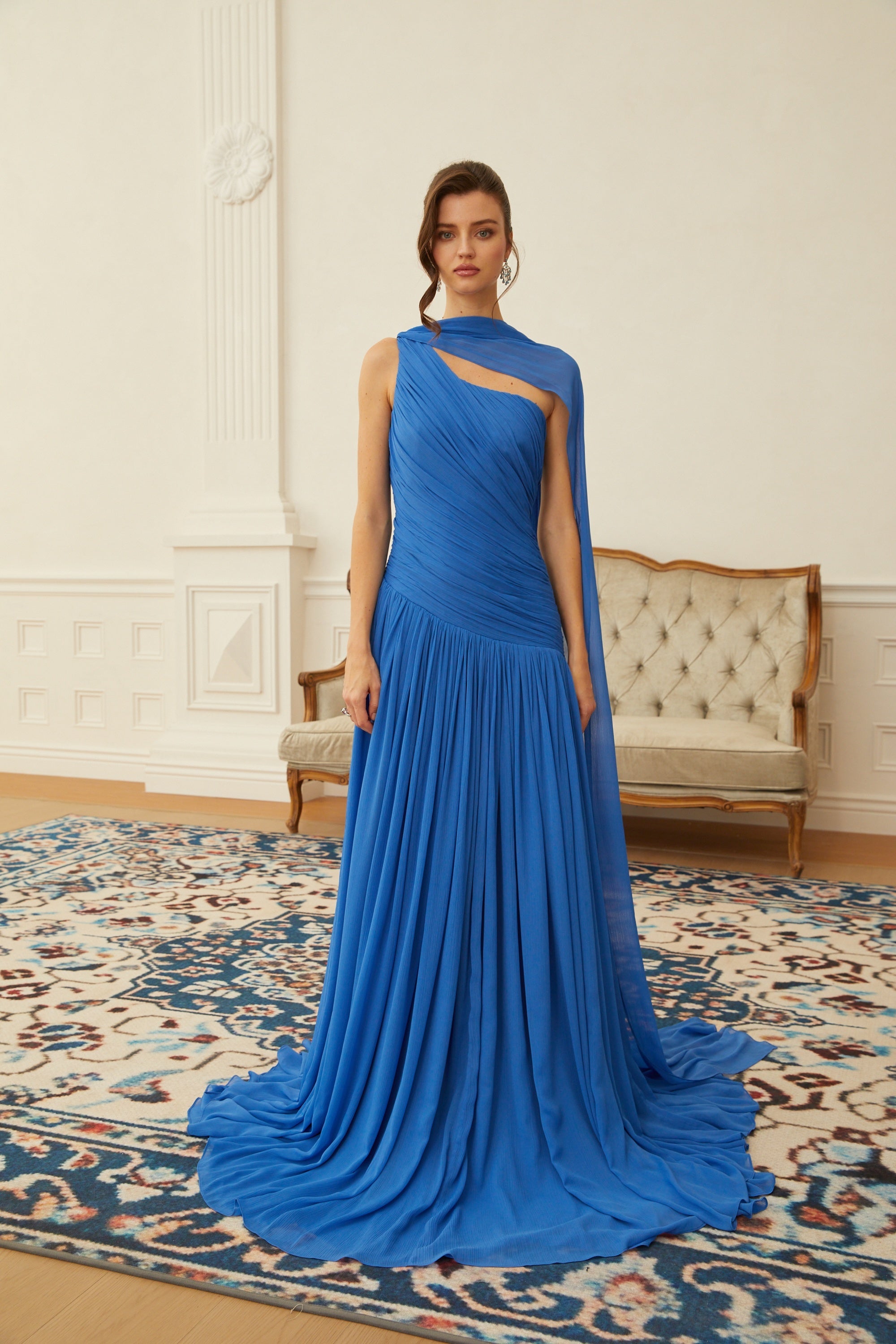 Faustine Blue Cape Design Ruched Maxi Dress