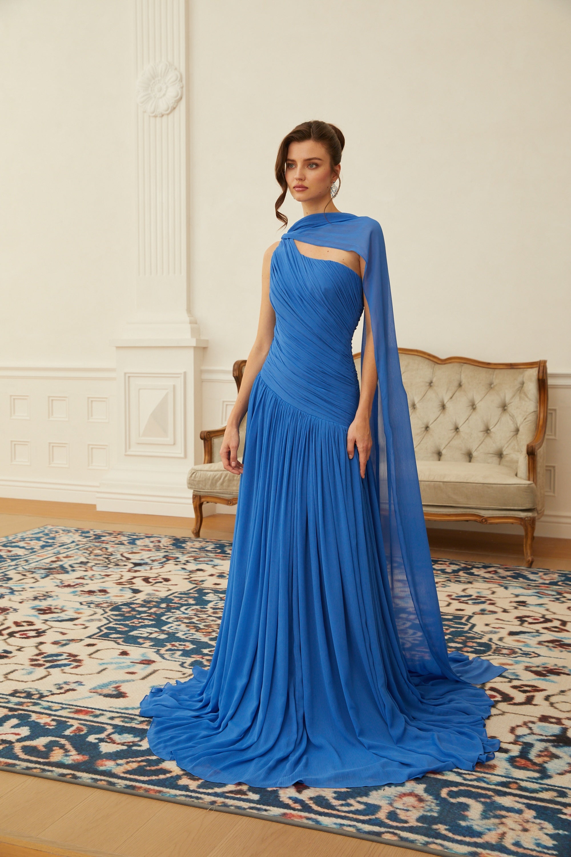 Faustine Blue Cape Design Ruched Maxi Dress