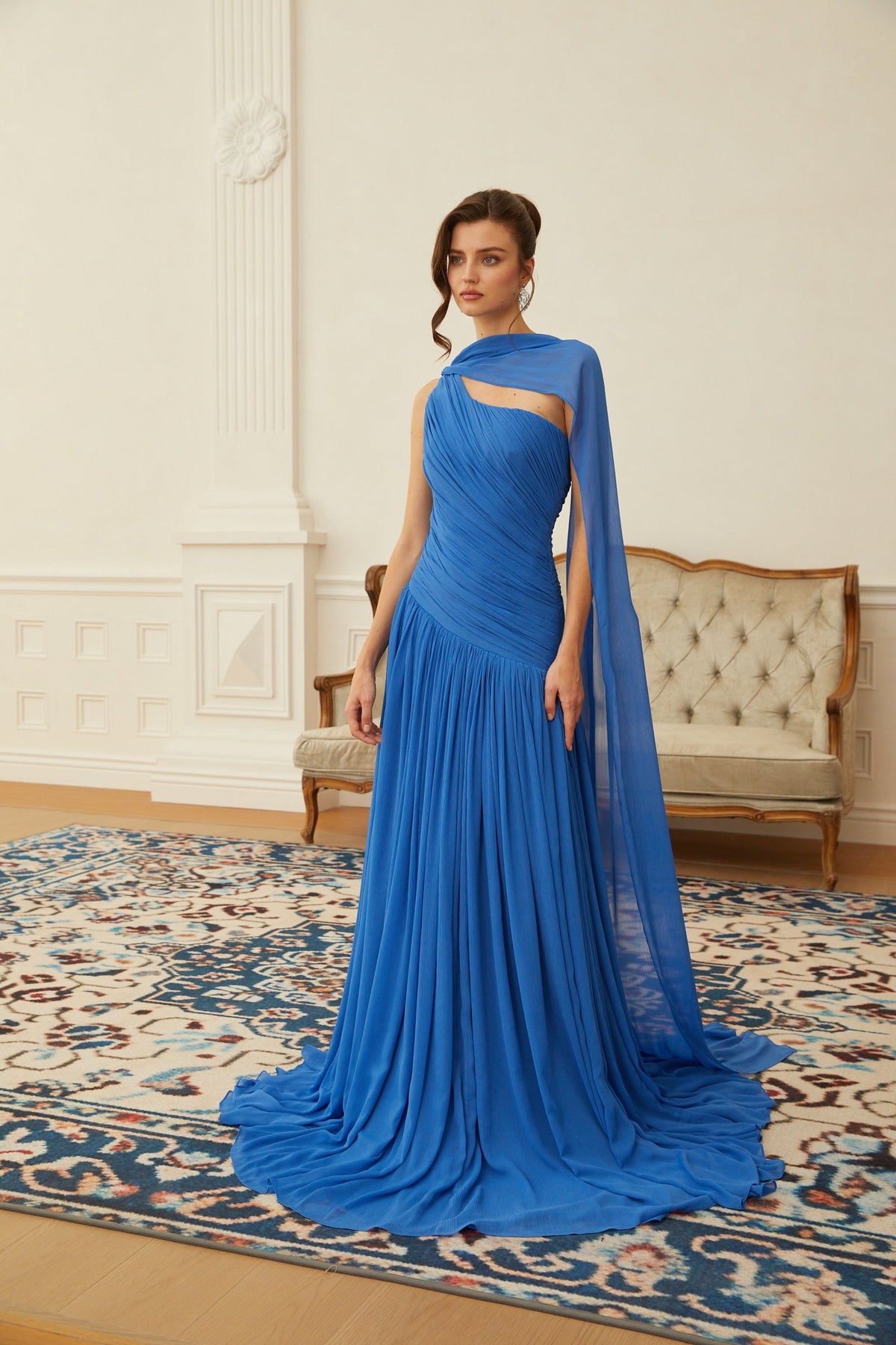 Faustine Blue Cape Design Ruched Maxi Dress