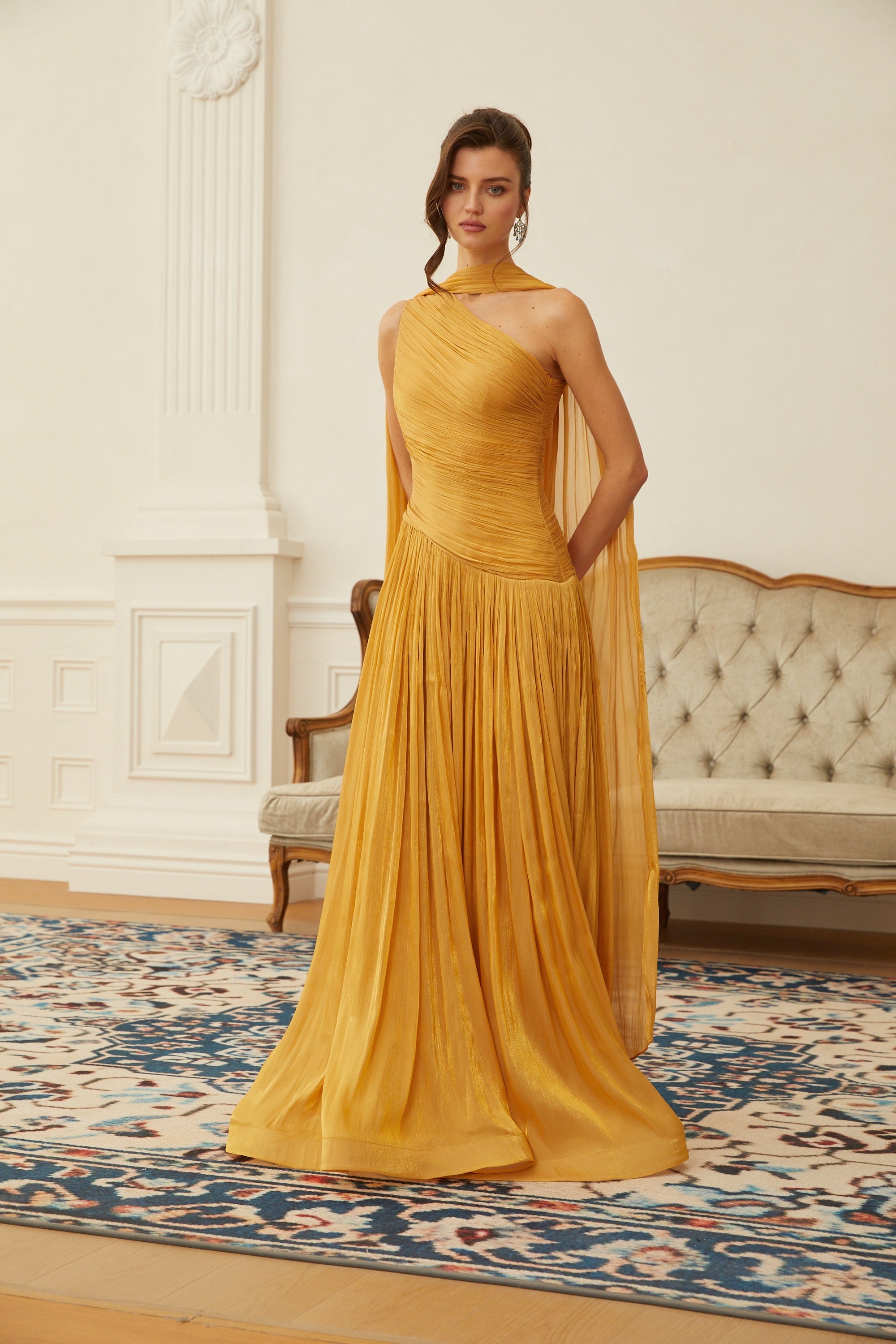 Emerald Gold One Shoulder Ruched Maxi Dress