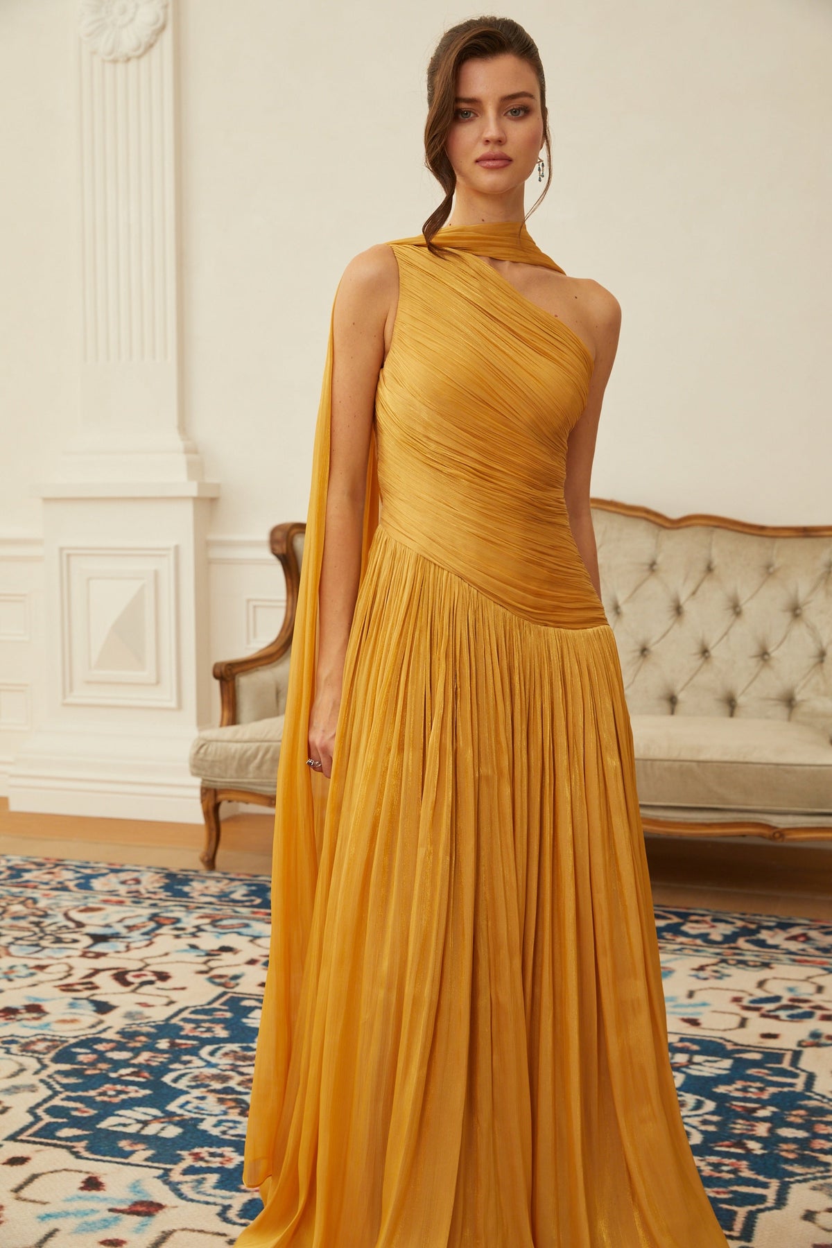 Emerald Gold One Shoulder Ruched Maxi Dress (Final Sale-US Only)