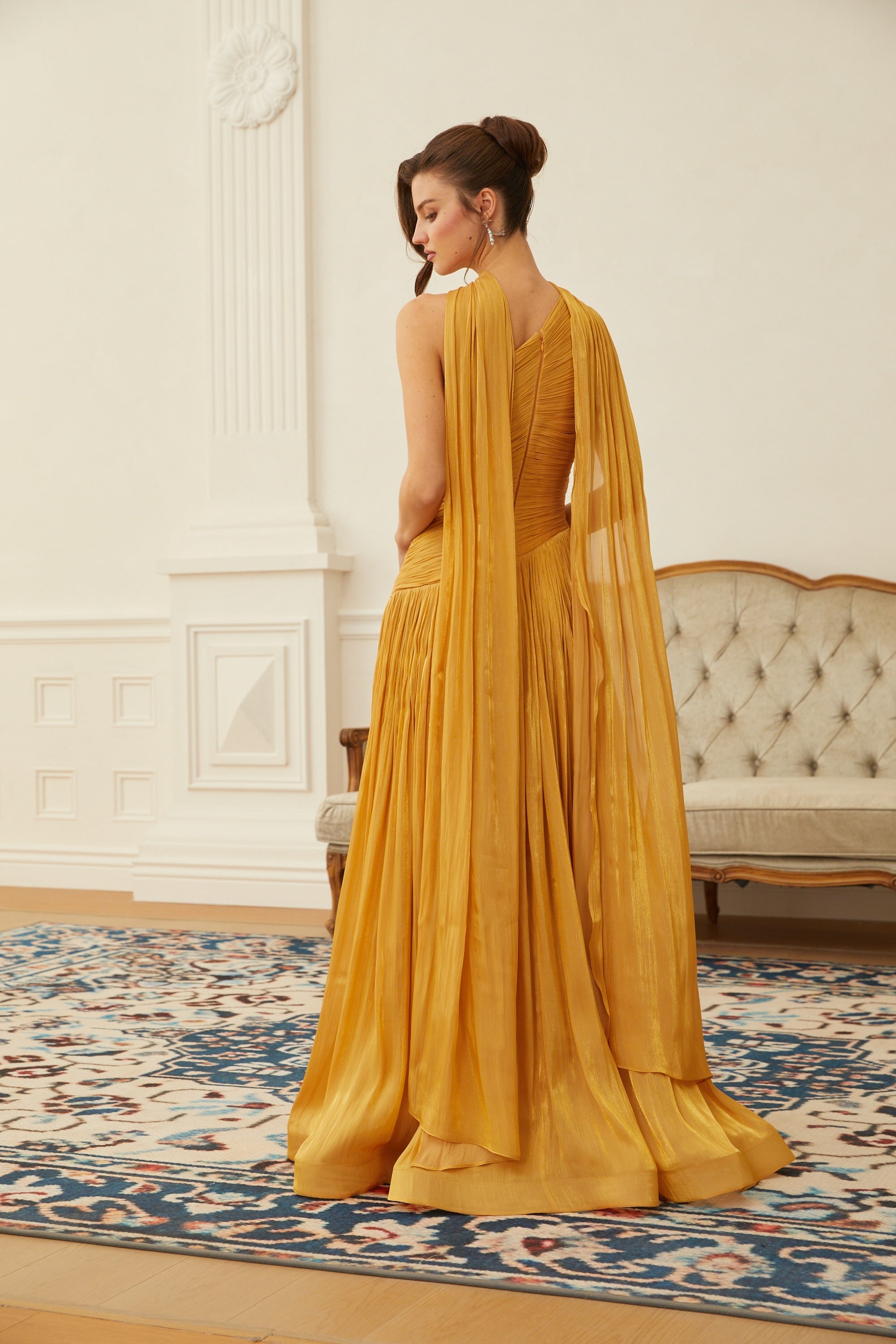 Emerald Gold One Shoulder Ruched Maxi Dress