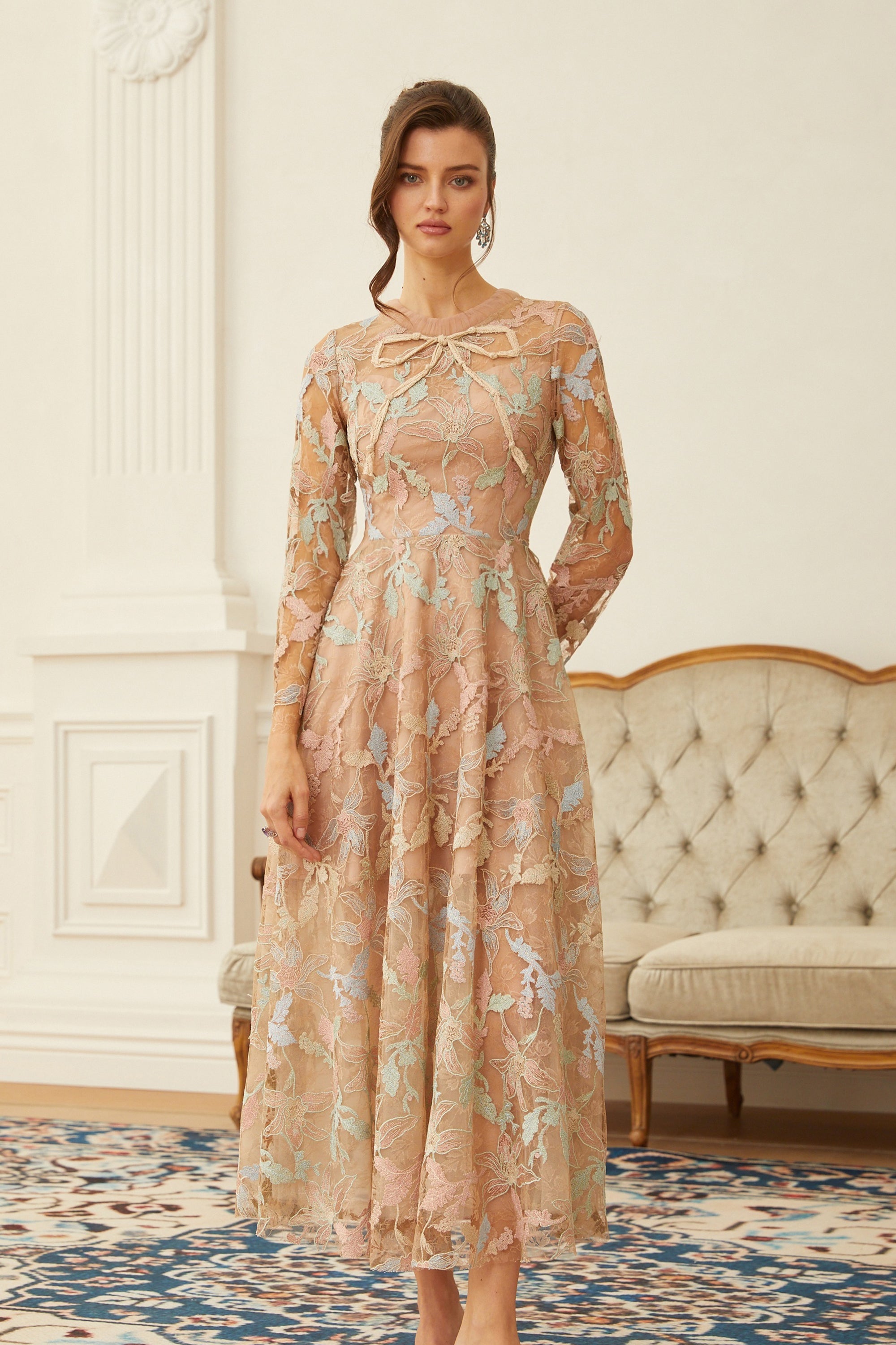 Ragnfrid Neutral Floral Jacquard Lace Midi Dress (Final Sale)