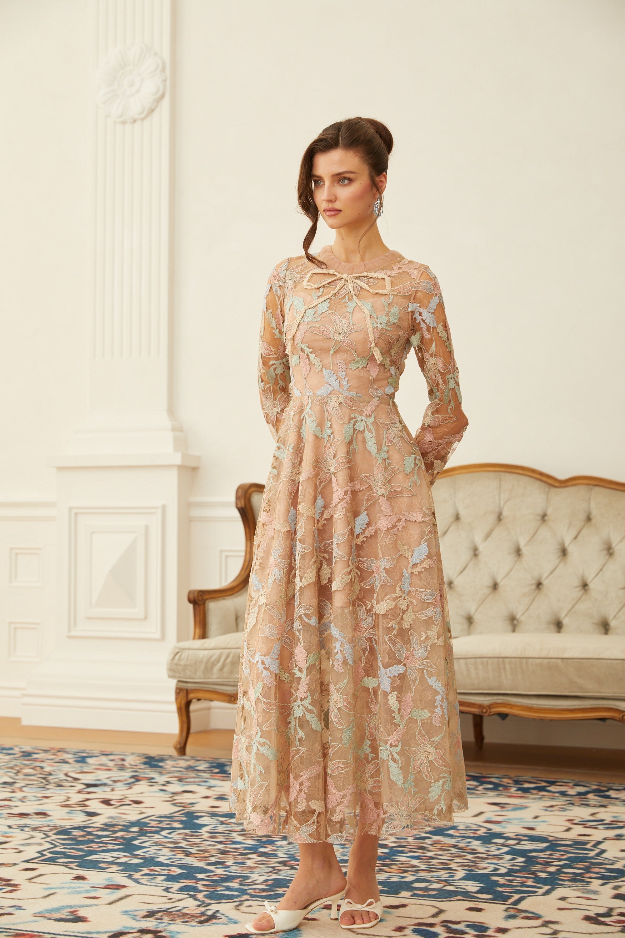 Ragnfrid Neutral Floral Jacquard Lace Midi Dress