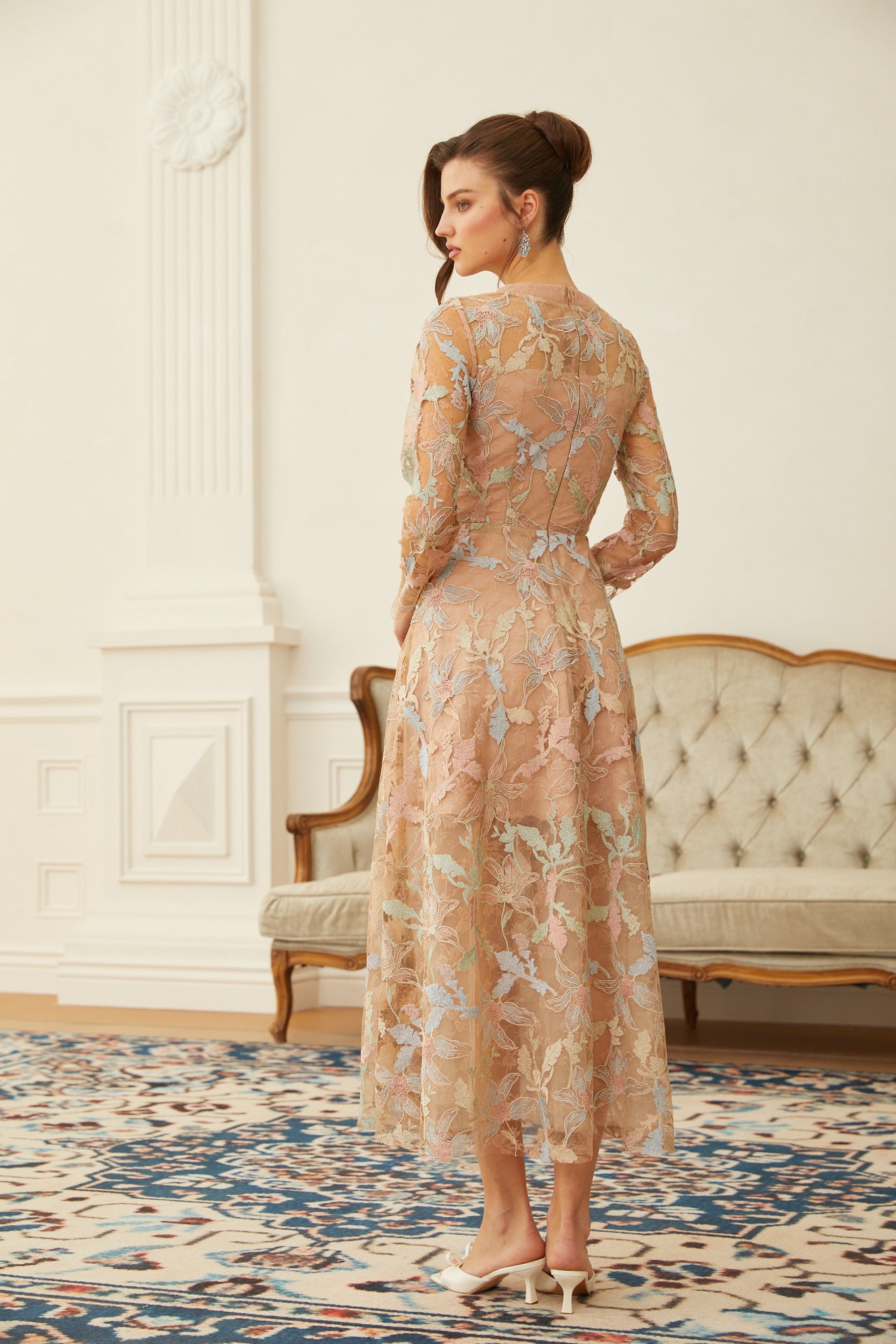 Ragnfrid Neutral Floral Jacquard Lace Midi Dress (Final Sale)