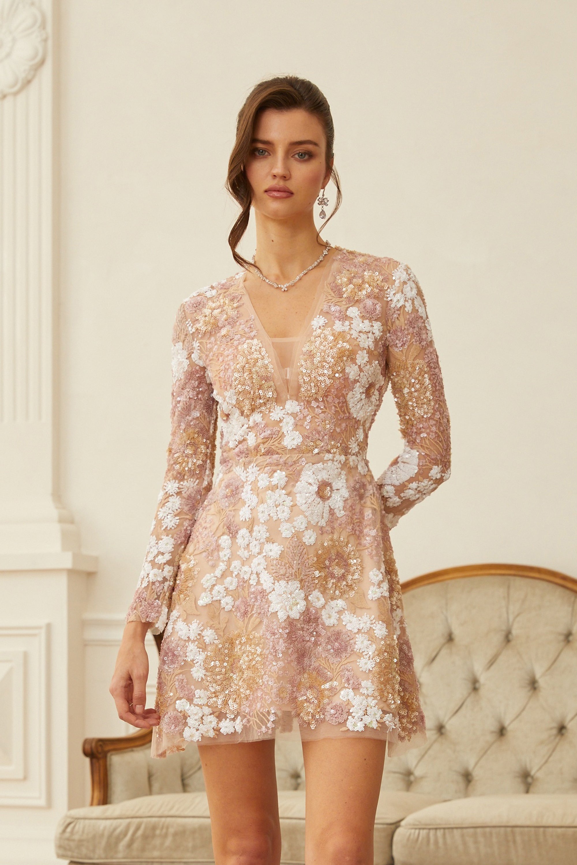 Hilma Neutral Sequined Floral Tulle Mini Dress (Final Sale-US Only)