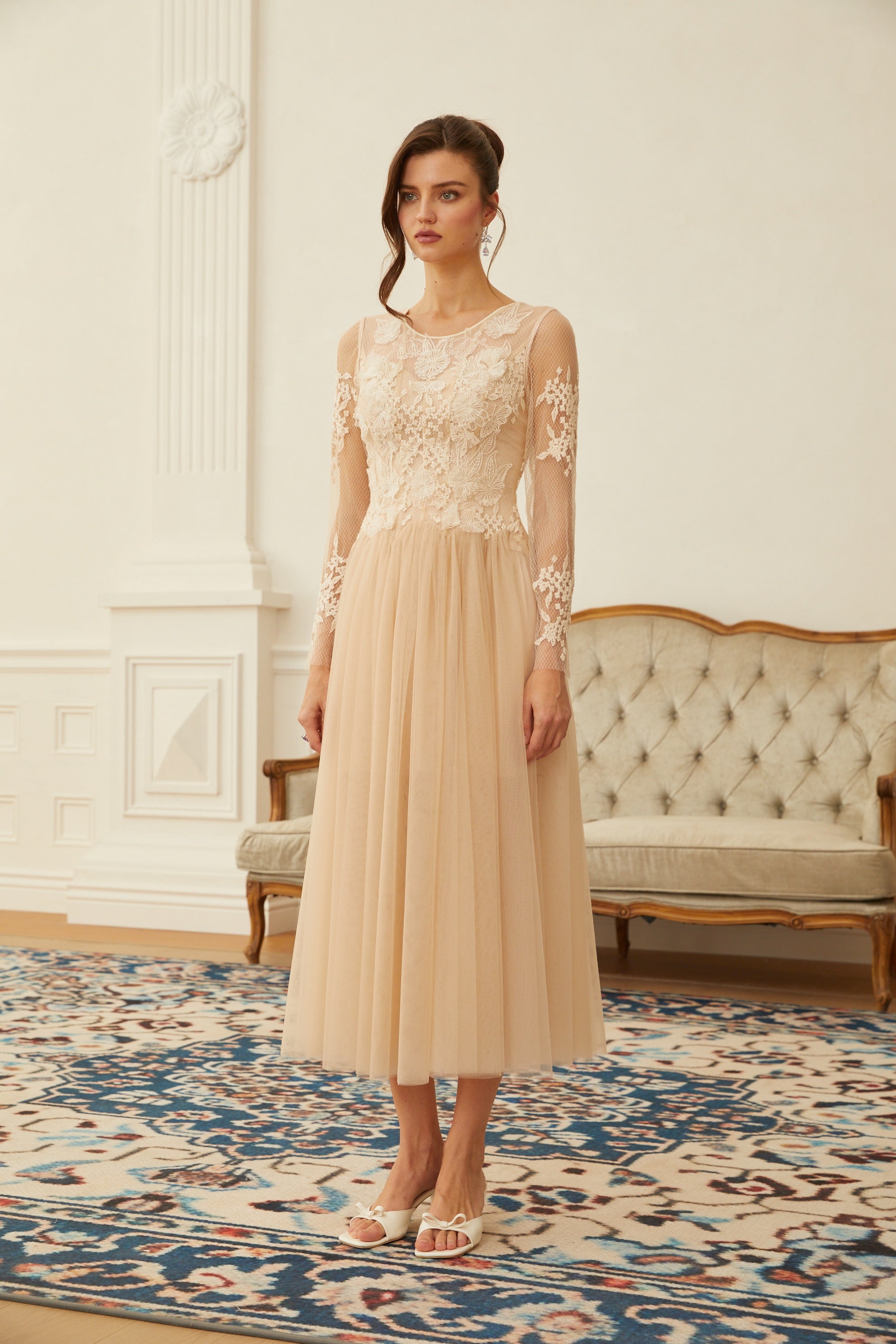Aviana Neutral Lace Panel Tulle Midi Dress (Final Sale)