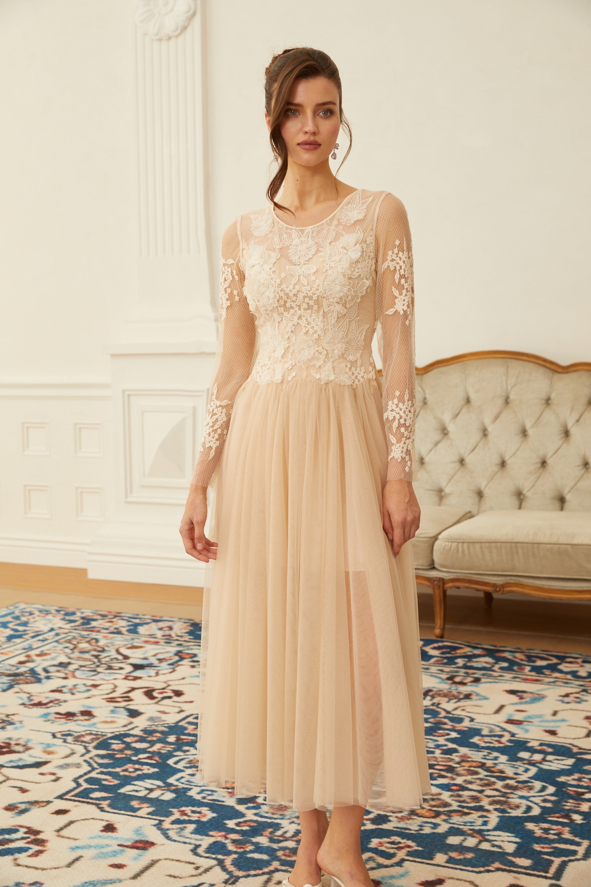 Aviana Neutral Lace Panel Tulle Midi Dress (Final Sale)