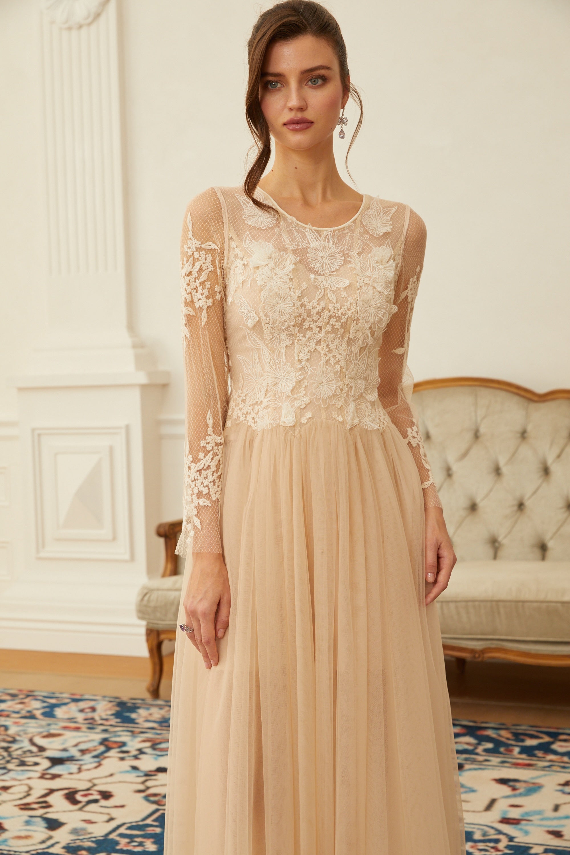 Aviana Neutral Lace Panel Tulle Midi Dress (Final Sale)