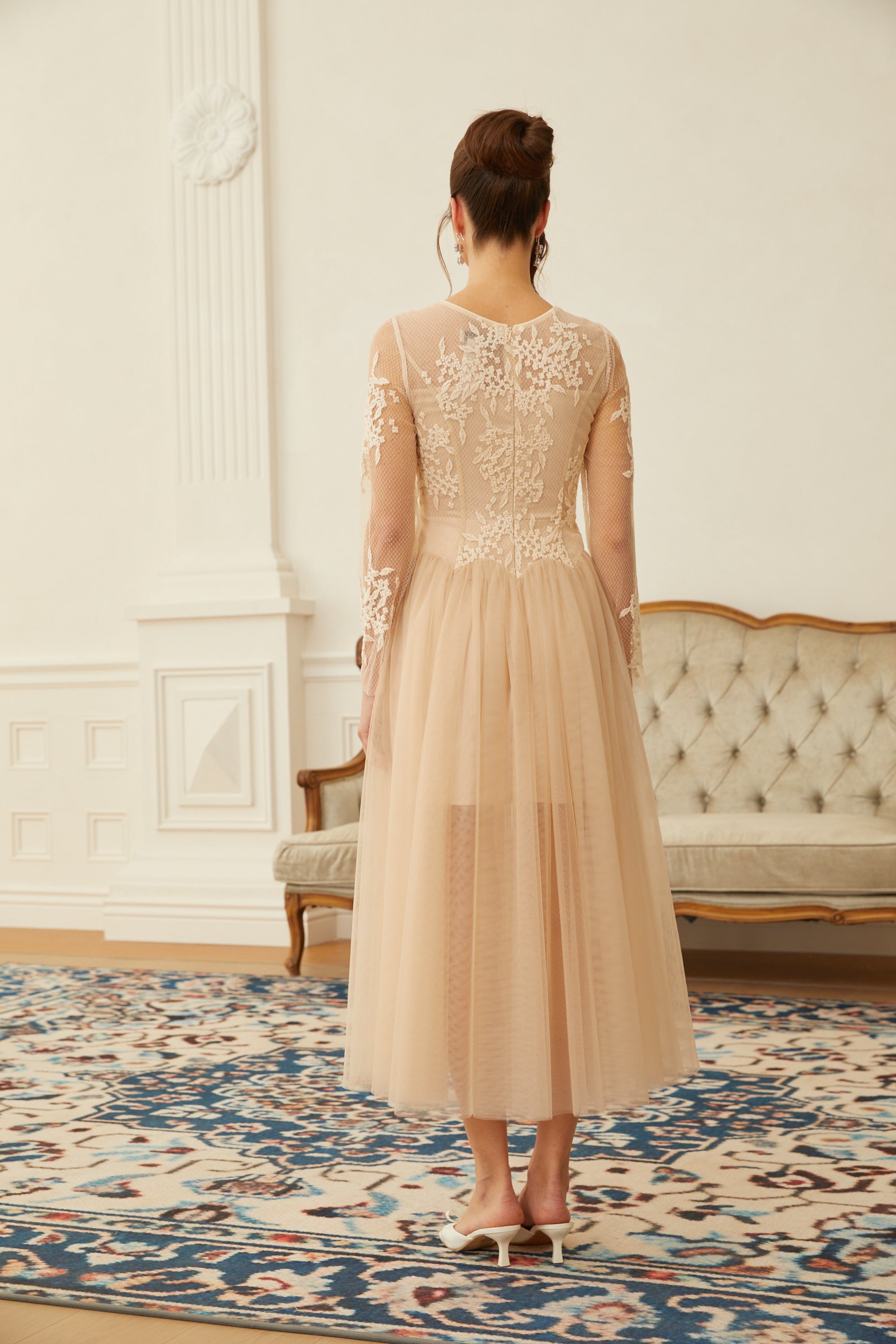 Aviana Neutral Lace Panel Tulle Midi Dress (Final Sale)