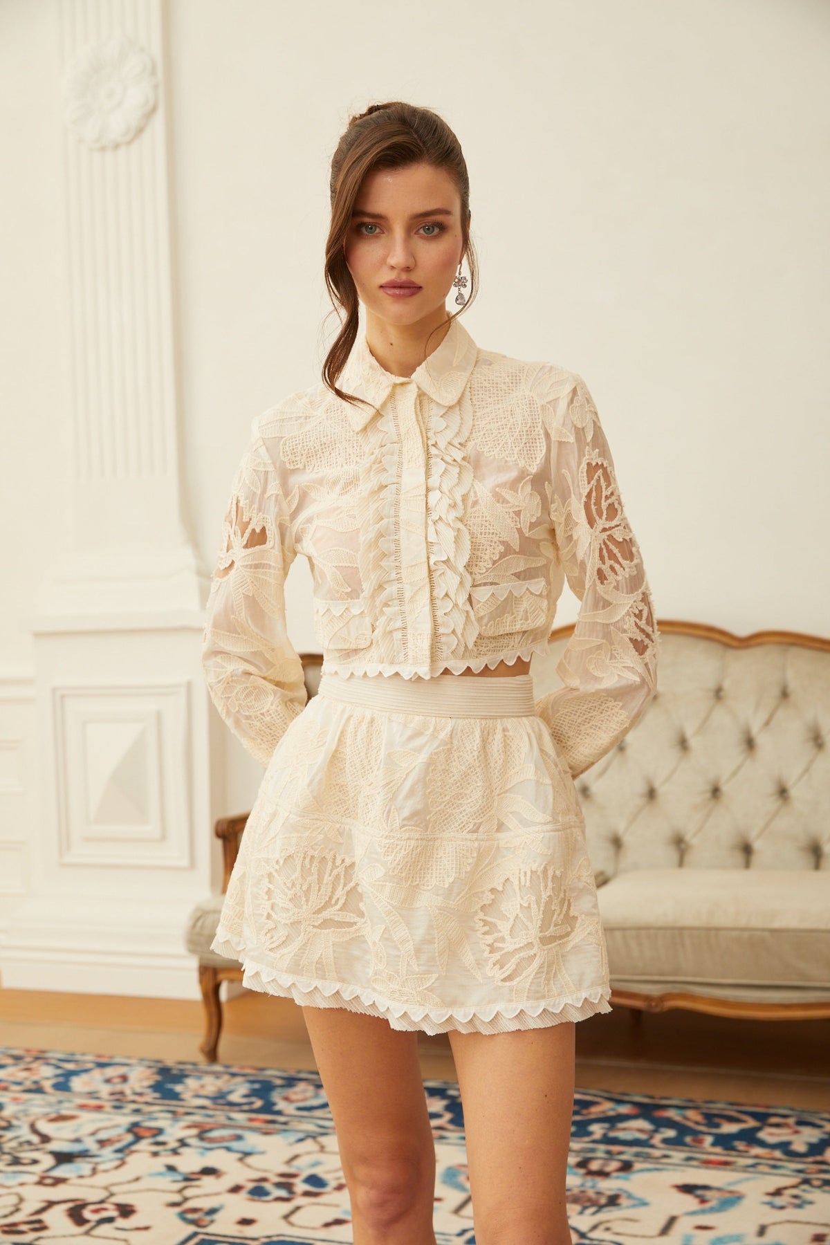 Rhea Neutral Crochet Floral Shirt & Skirt Set