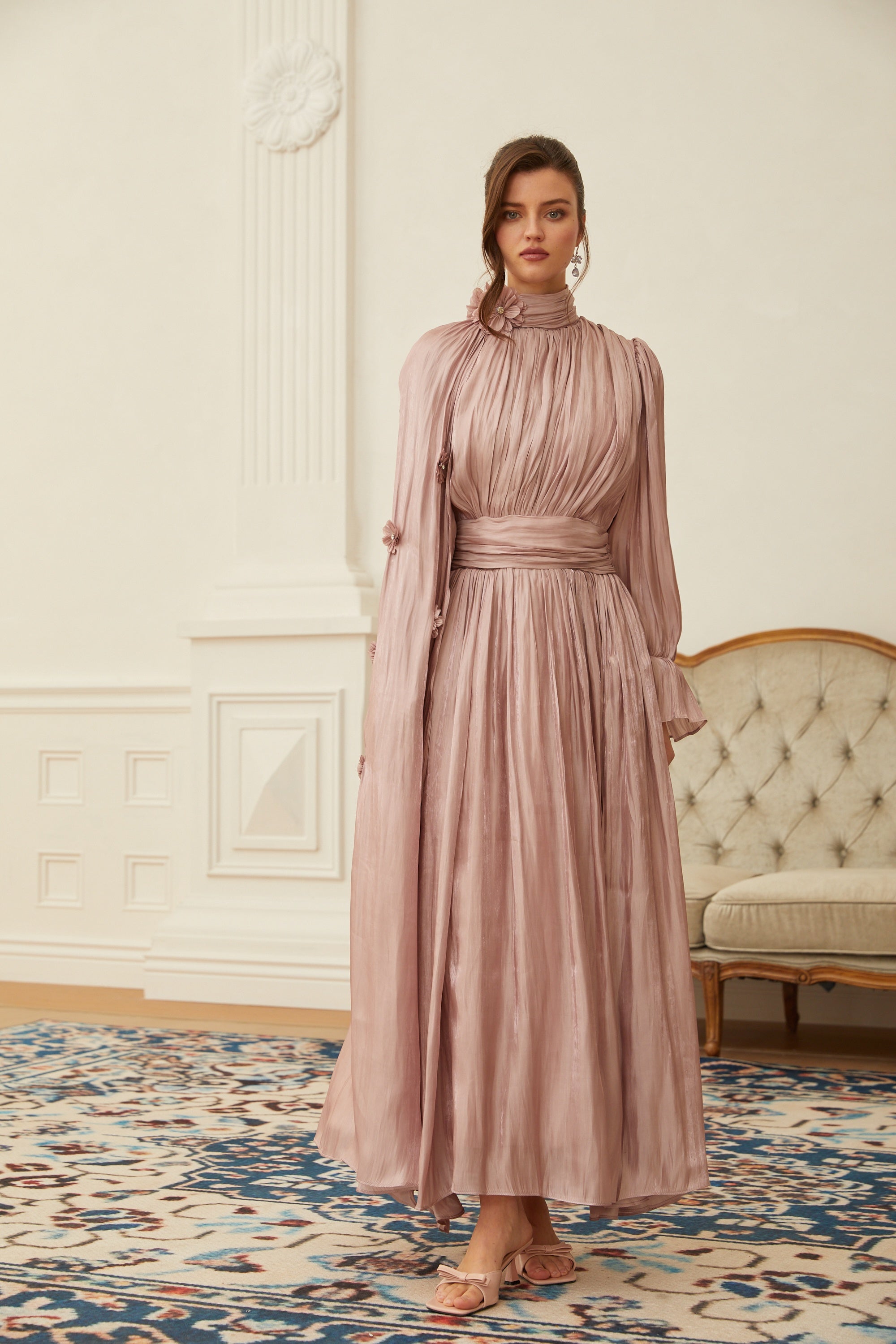 Oaklyn Pink Floral Pleated Cape Maxi Dress (Final Sale-US Only)