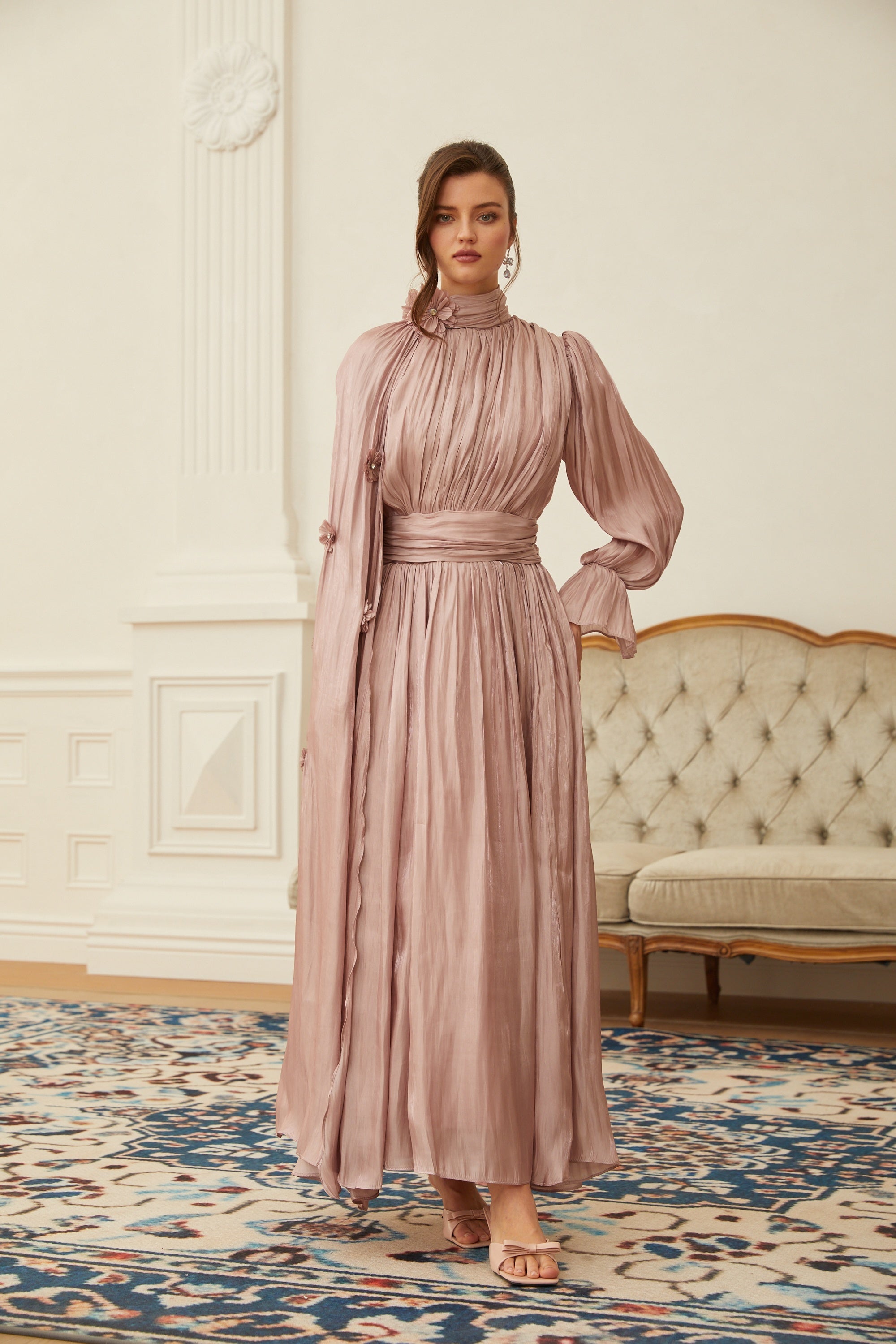 Oaklyn Pink Floral Pleated Cape Maxi Dress