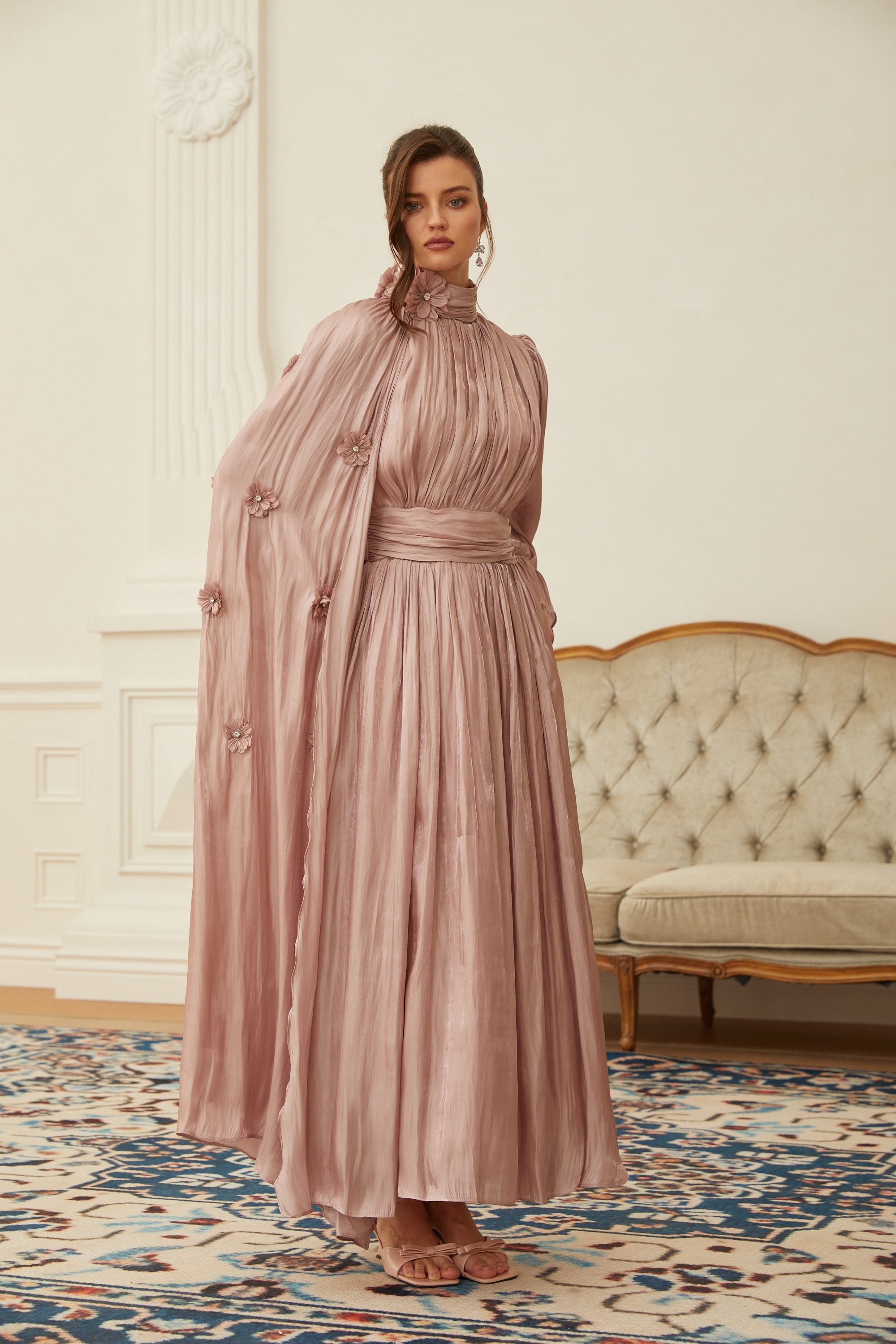 Oaklyn Pink Floral Pleated Cape Maxi Dress