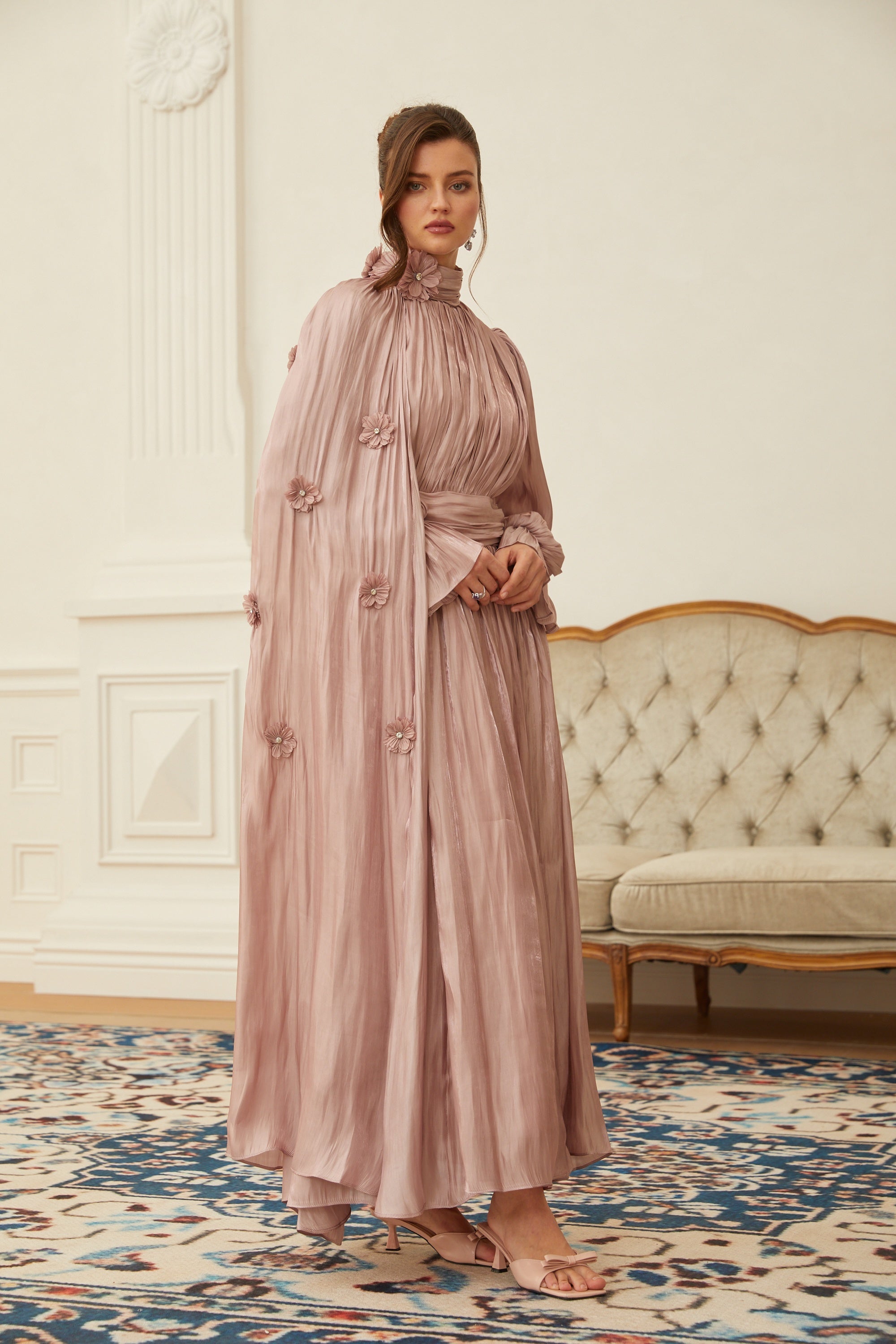 Oaklyn Pink Floral Pleated Cape Maxi Dress