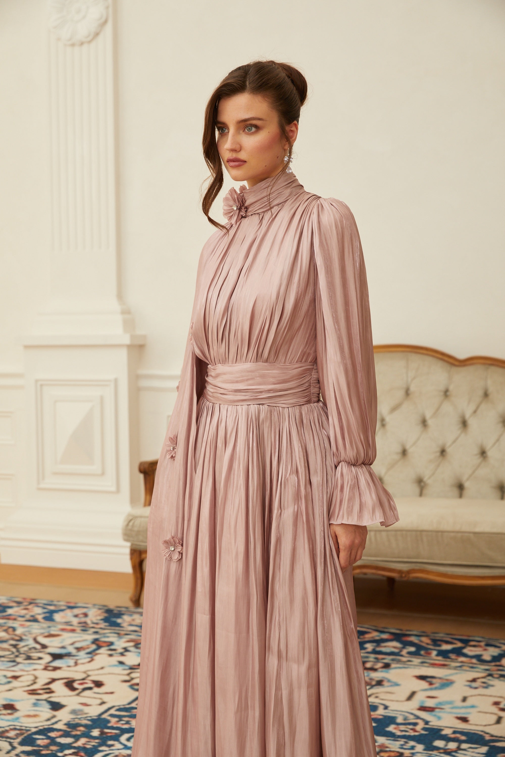Oaklyn Pink Floral Pleated Cape Maxi Dress
