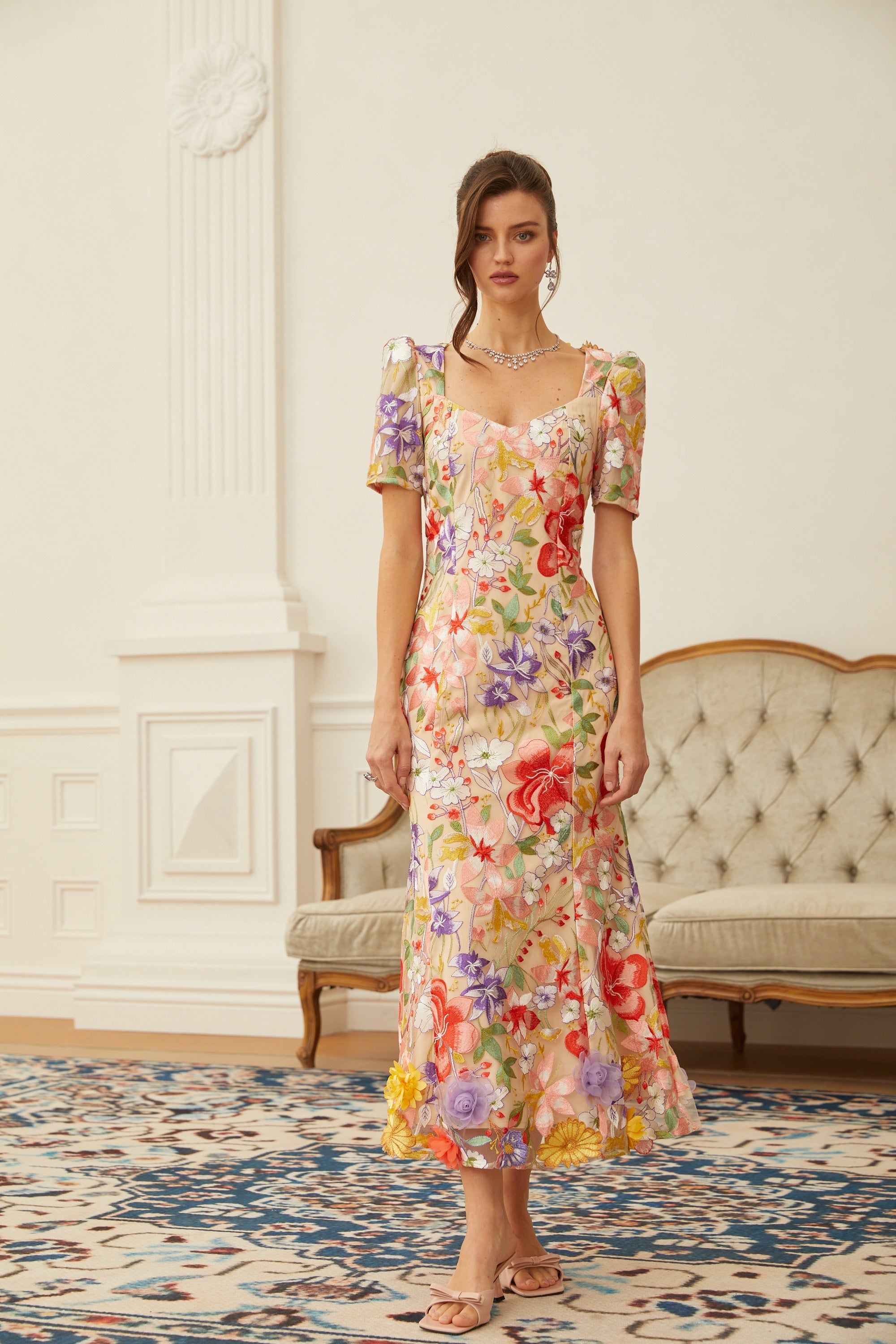 Darcy Neutral Floral Embroidered Tulle Midi Dress