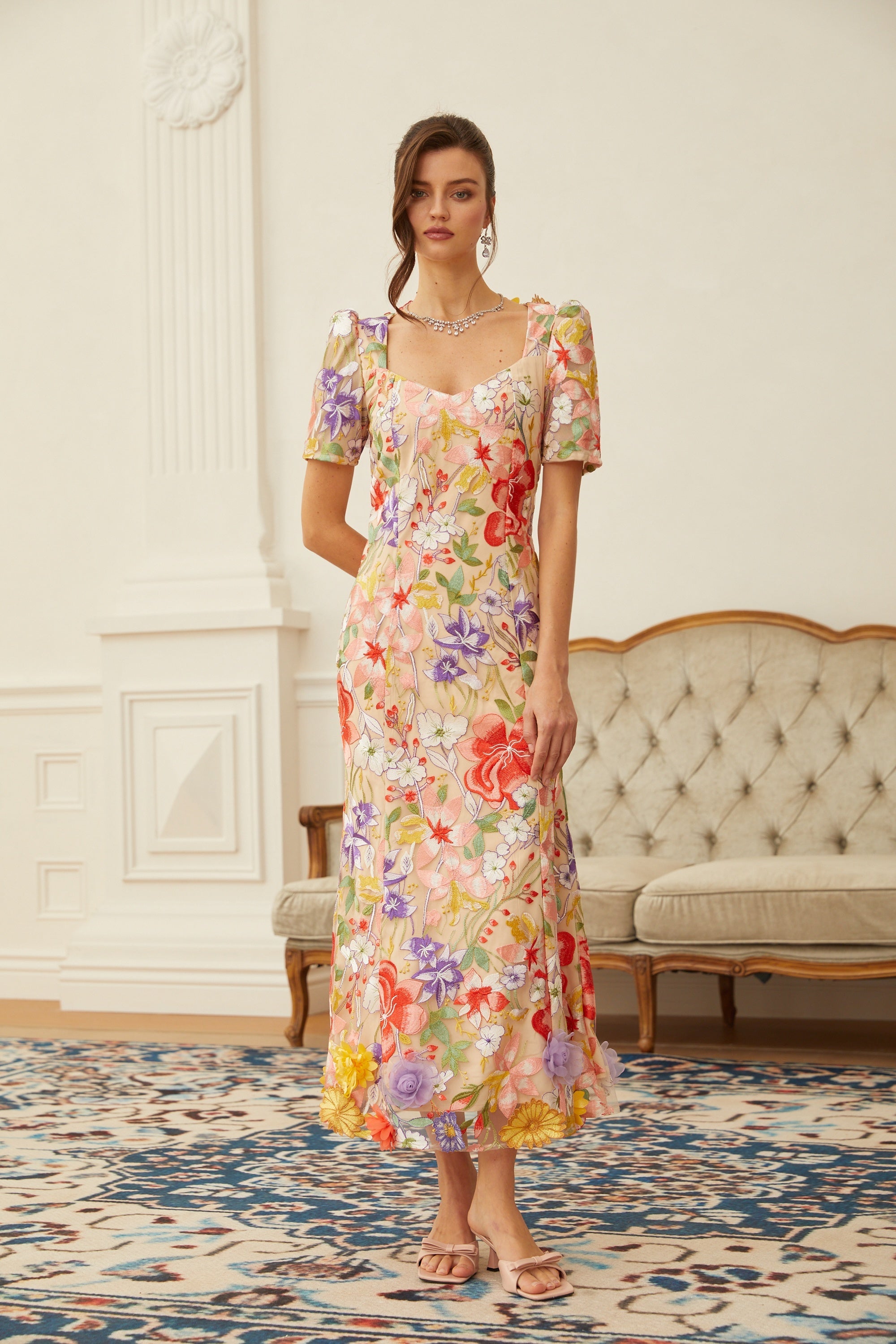 Darcy Neutral Floral Embroidered Tulle Midi Dress