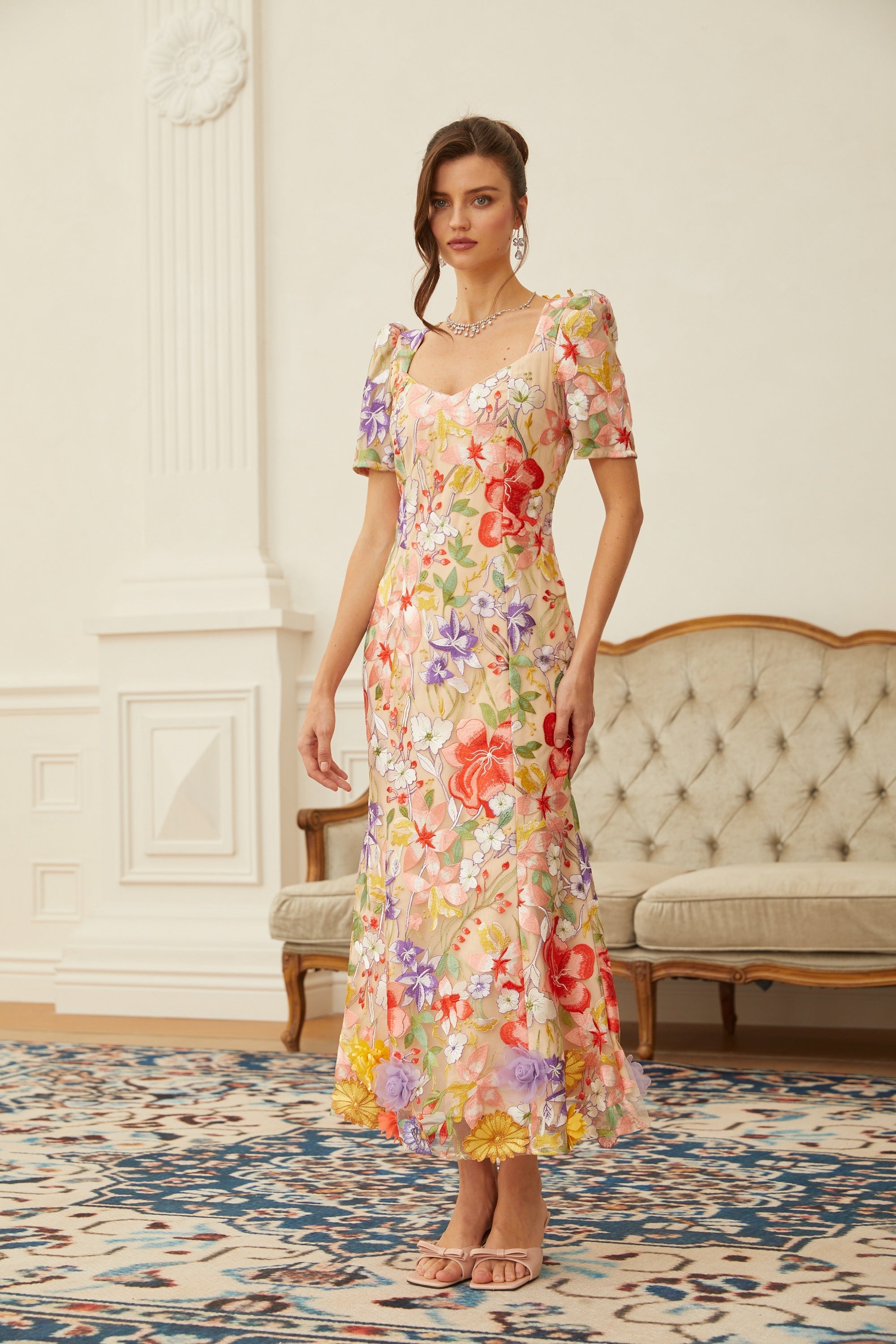 Darcy Neutral Floral Embroidered Tulle Midi Dress