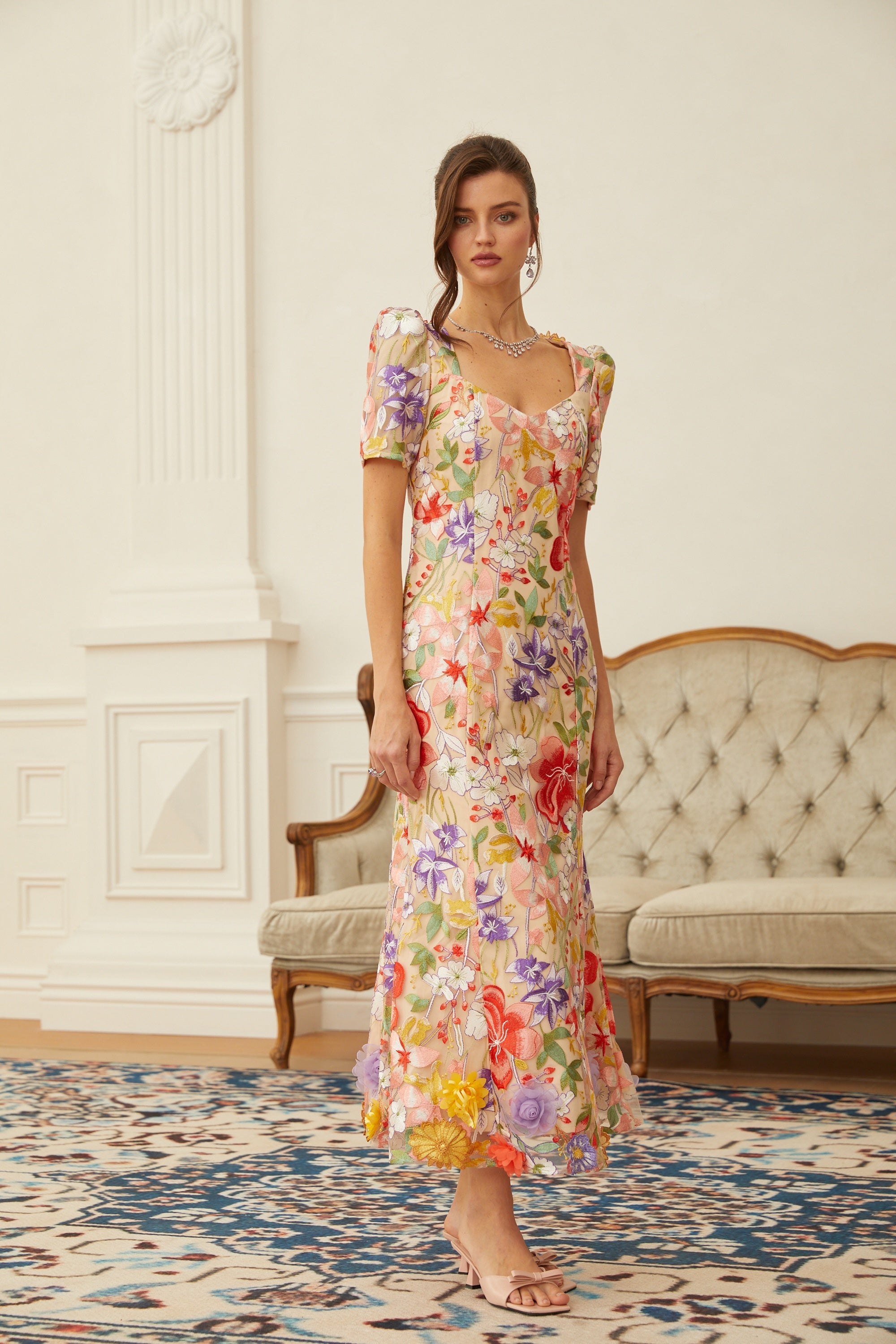 Darcy Neutral Floral Embroidered Tulle Midi Dress