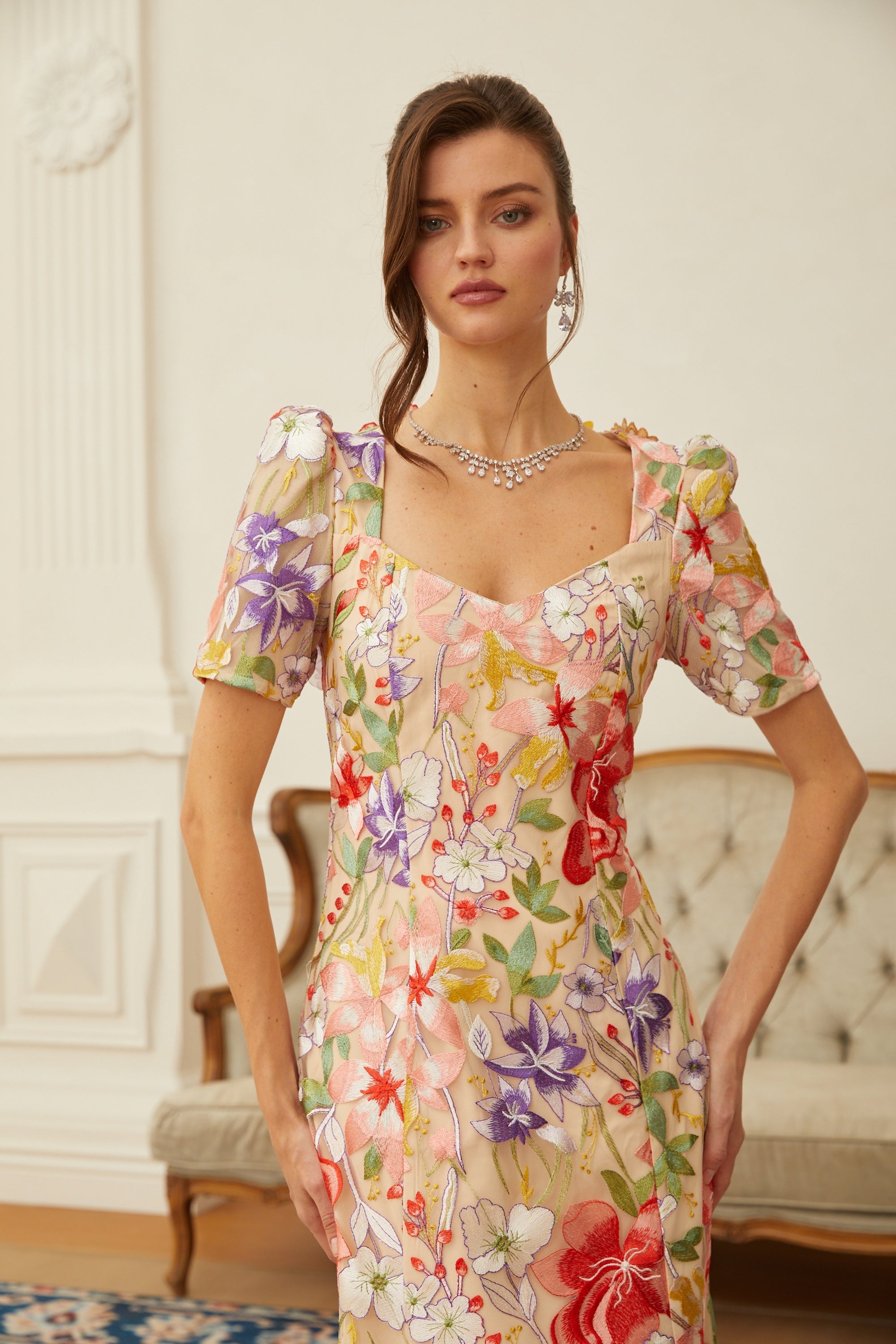 Darcy Neutral Floral Embroidered Tulle Midi Dress
