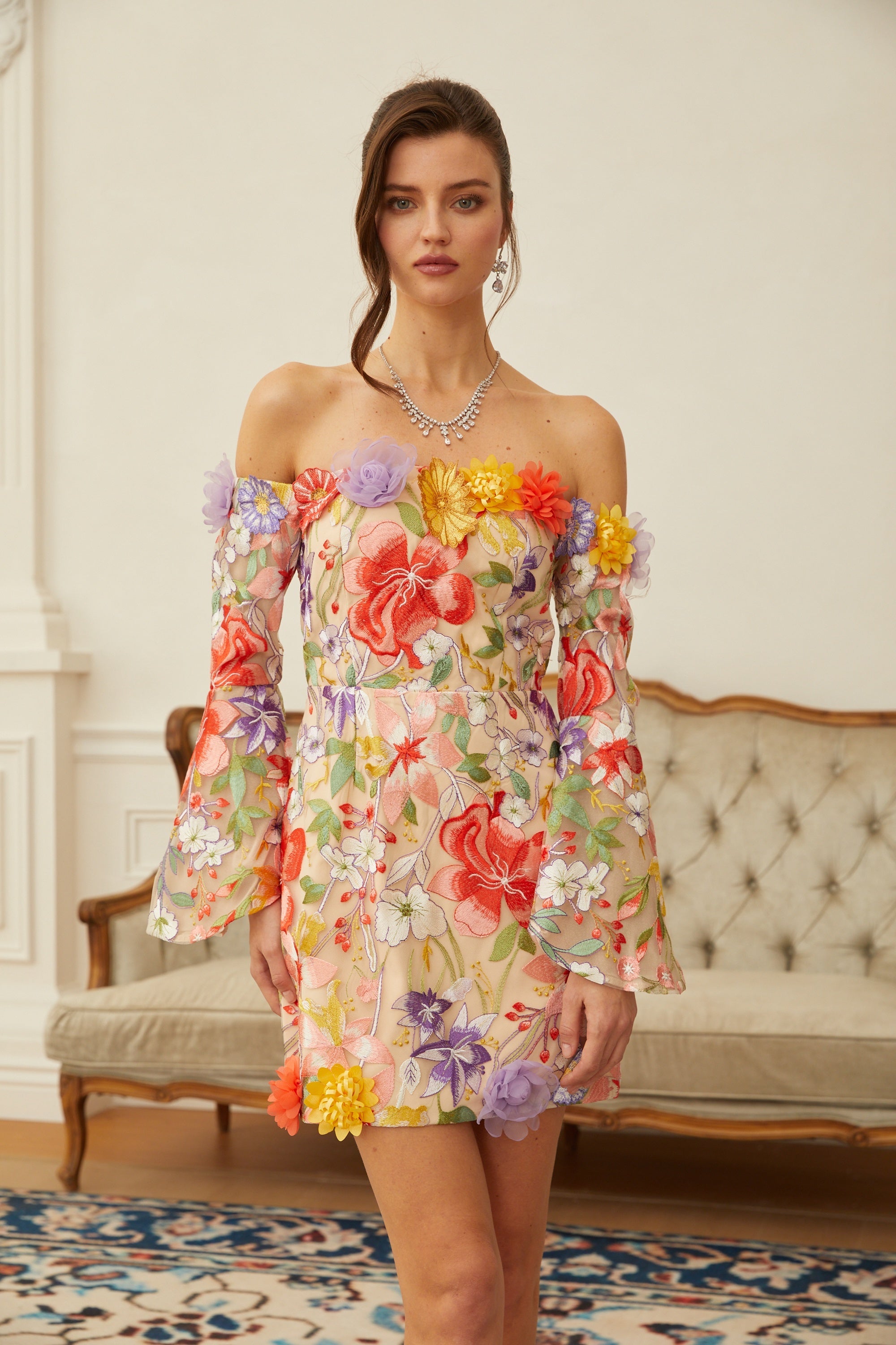 Malva Neutral Floral Embroidered Tulle Mini Dress