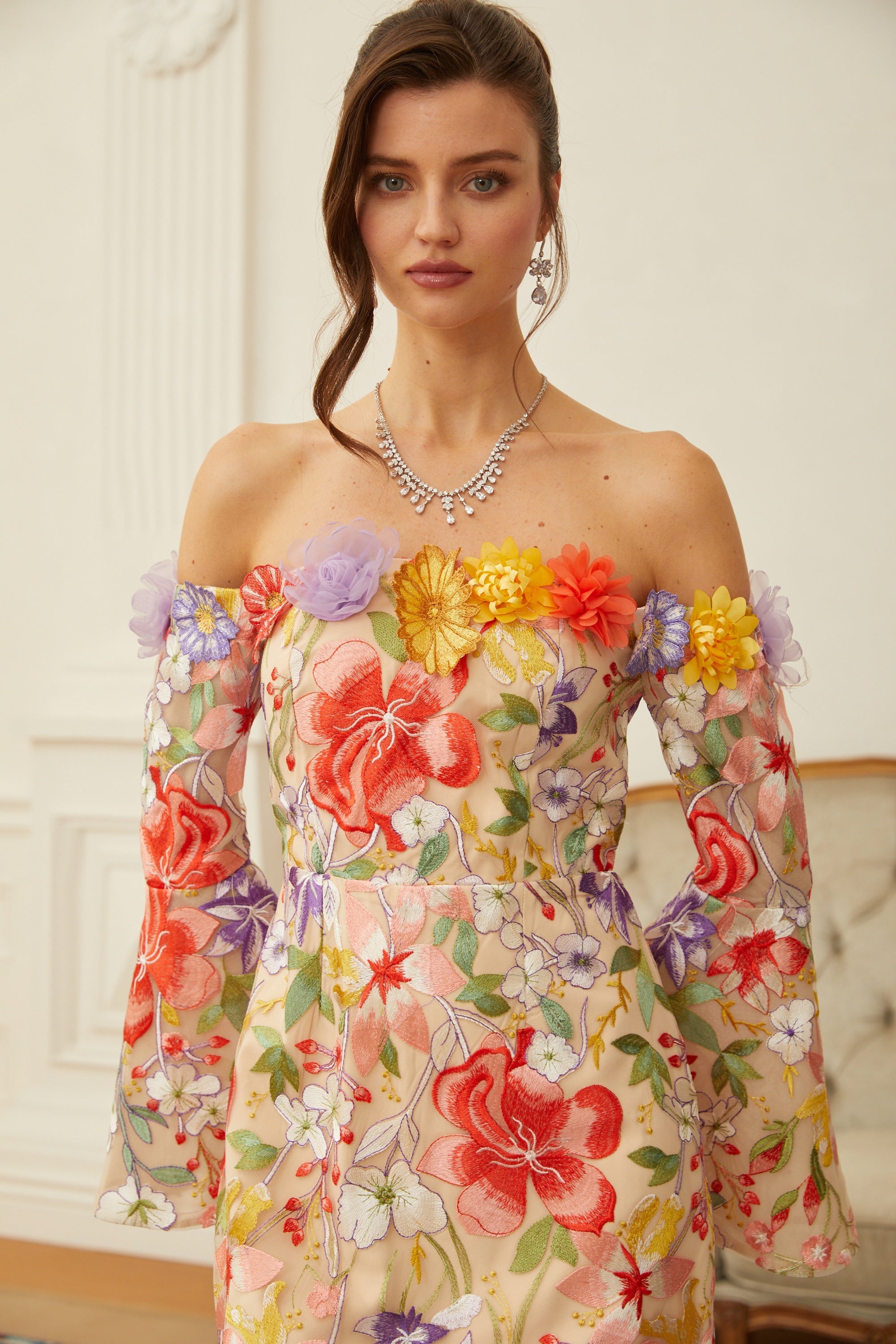 Malva Neutral Floral Embroidered Tulle Mini Dress