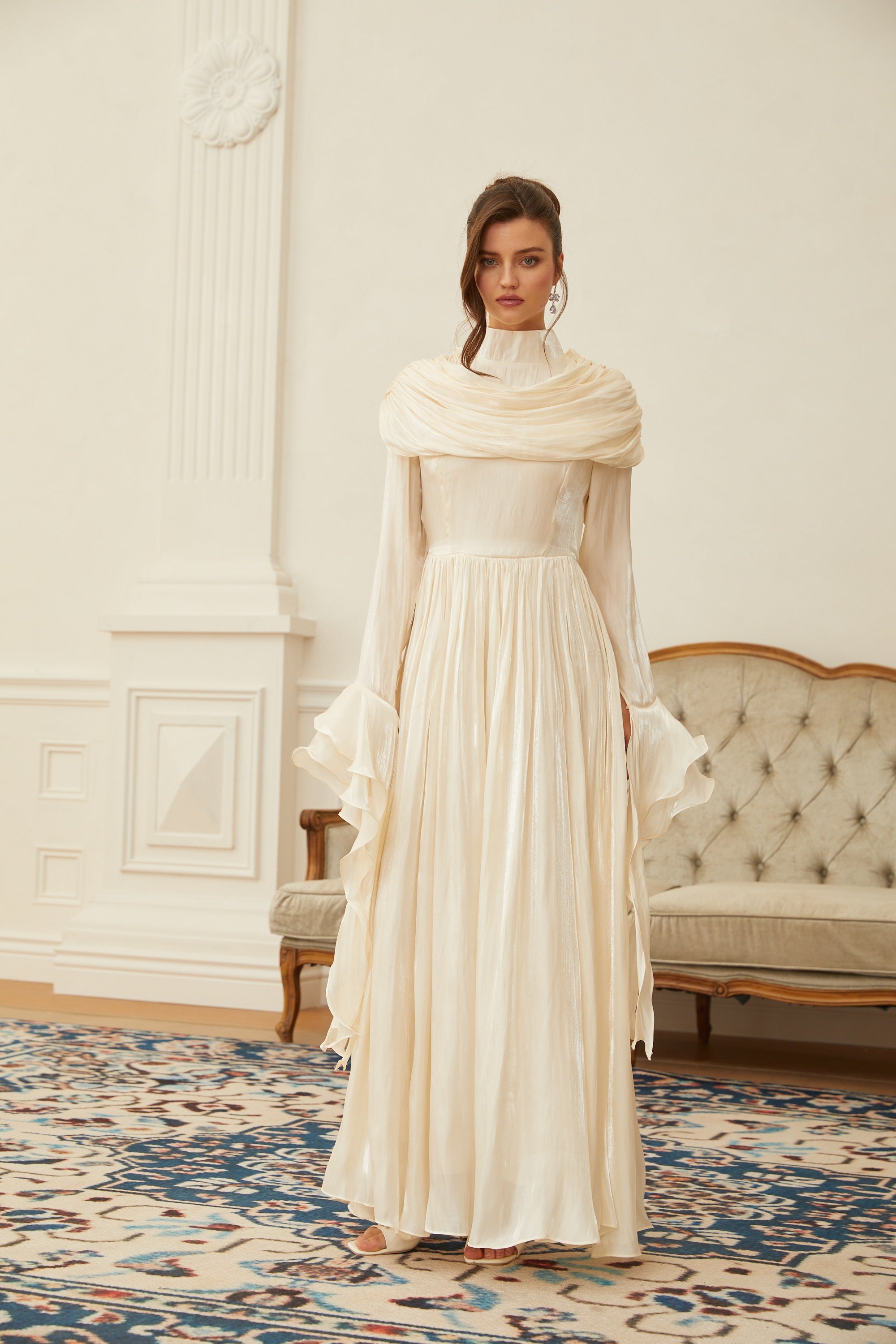 Danuta Neutral Ruched Pleated Maxi Dress