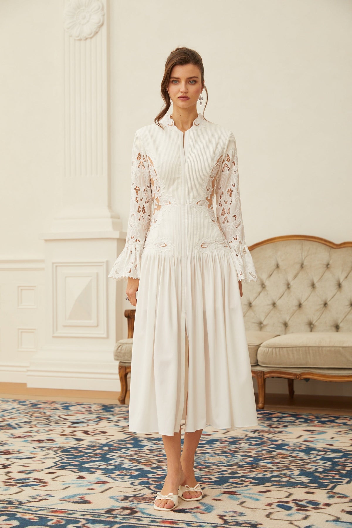 Chiara White Lace Panel Pleated Midi Dress
