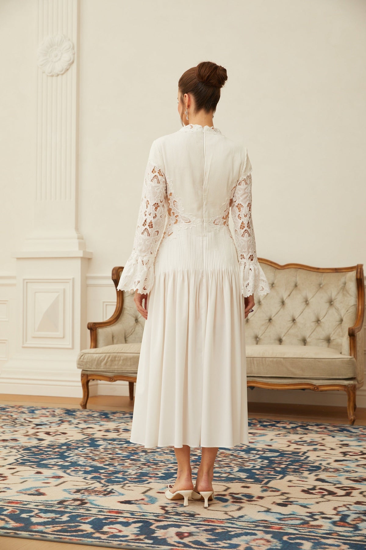 Chiara White Lace Panel Pleated Midi Dress
