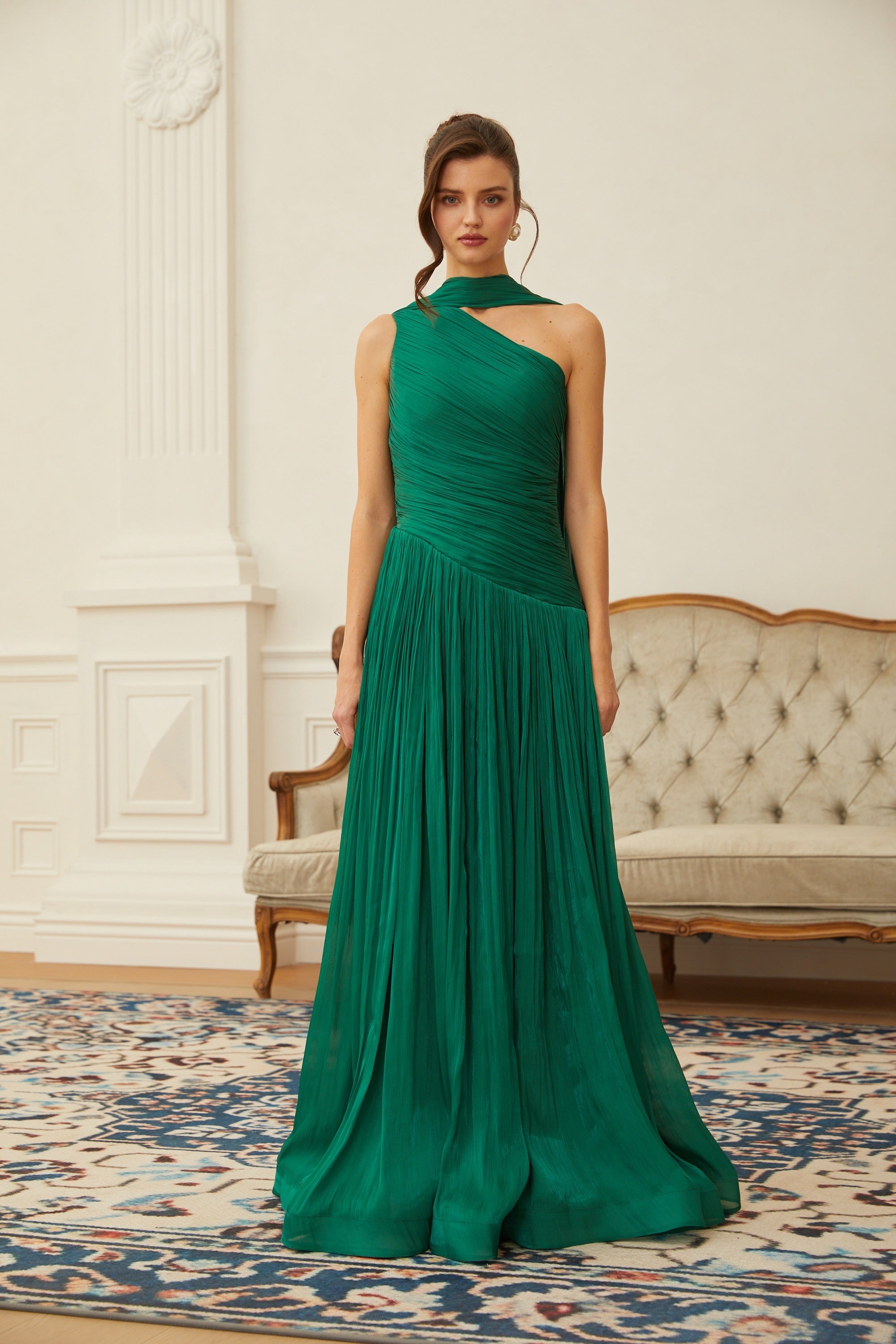 Emerald Green One Shoulder Ruched Maxi Dress (Final Sale-US Only)