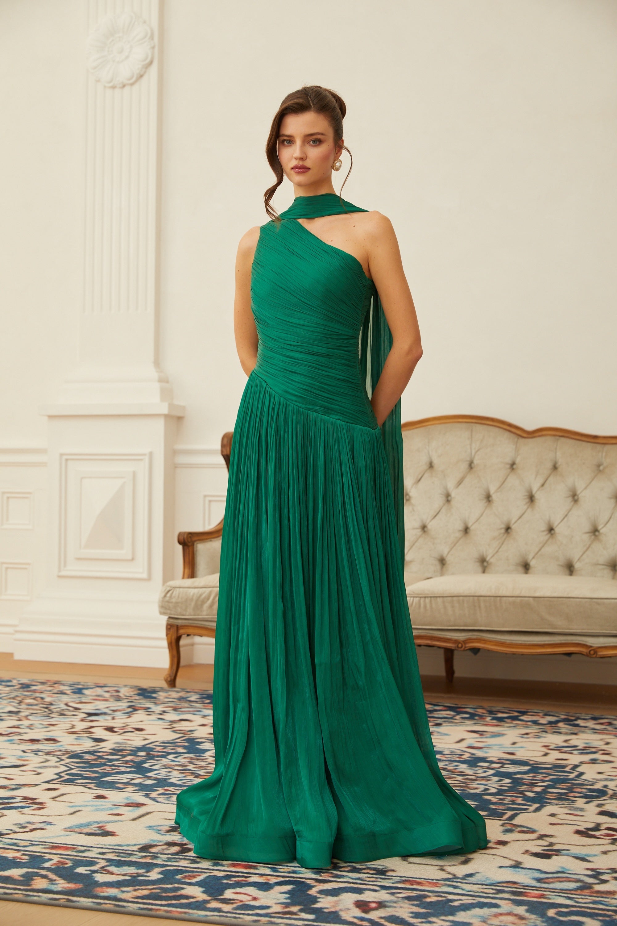 Emerald Green One Shoulder Ruched Maxi Dress