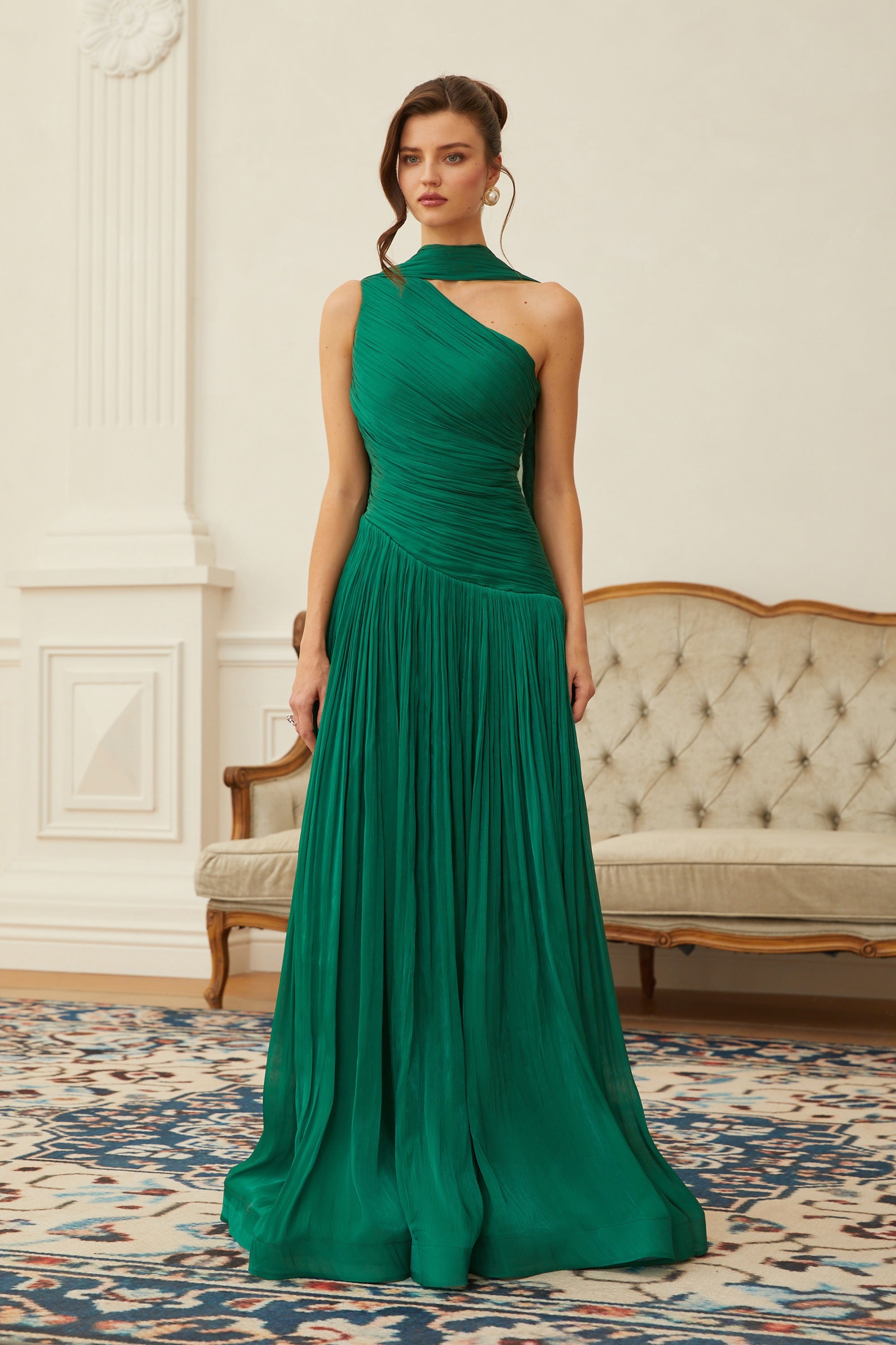 Emerald Green One Shoulder Ruched Maxi Dress (Final Sale-US Only)