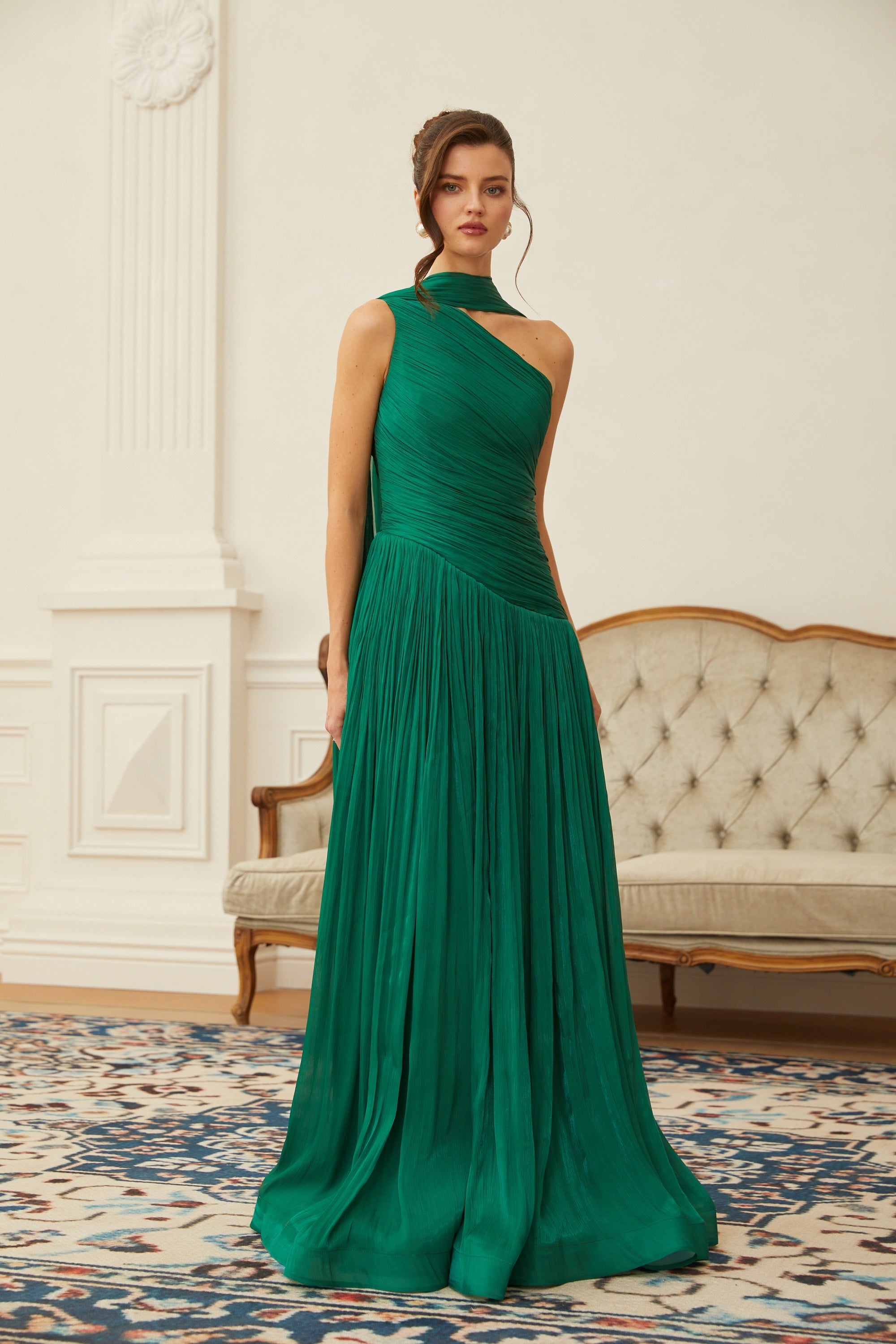 Emerald Green One Shoulder Ruched Maxi Dress