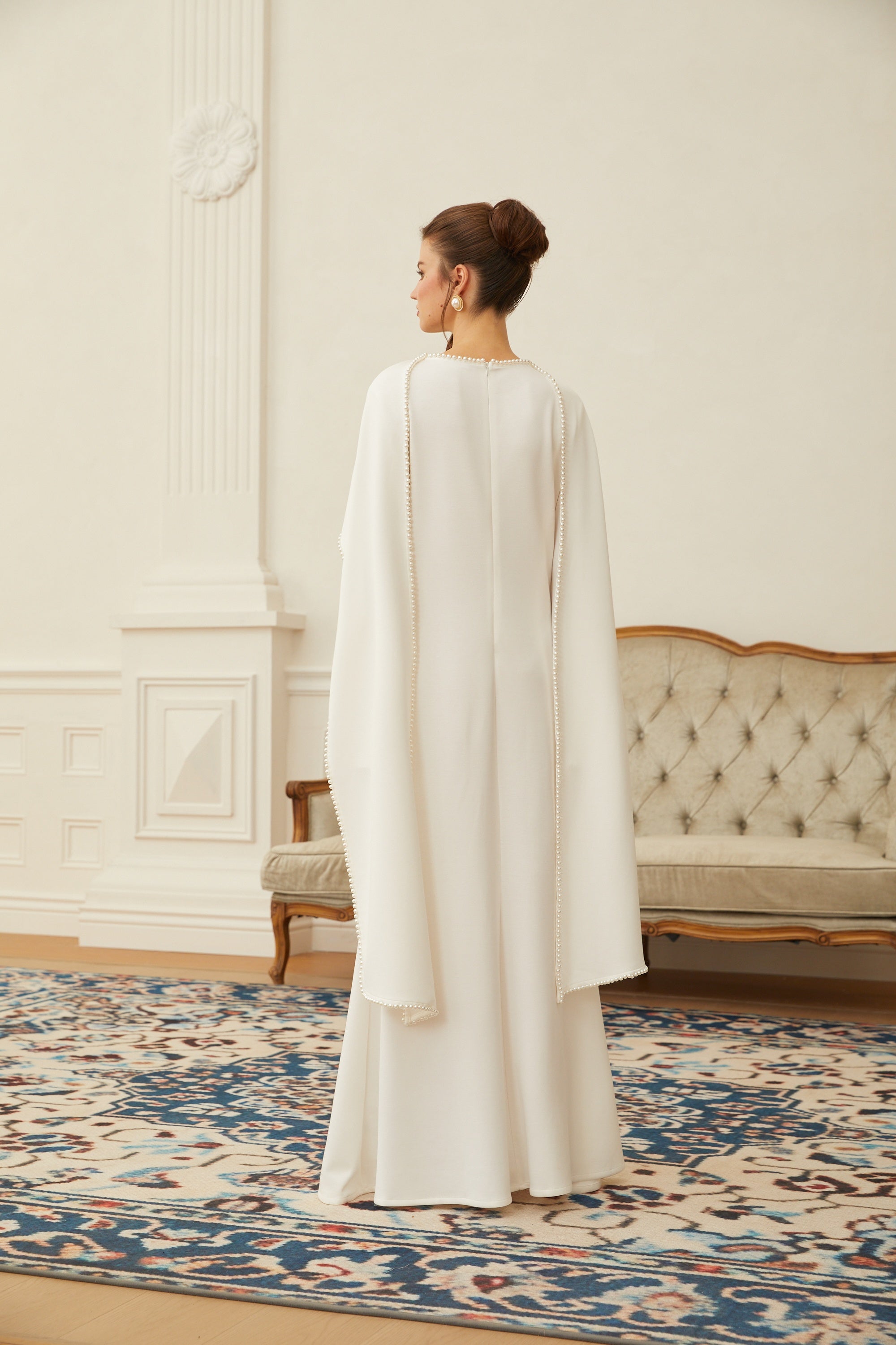 Piroska White Pearl Trim Shawl Detail Maxi Dress (Final Sale-US Only)