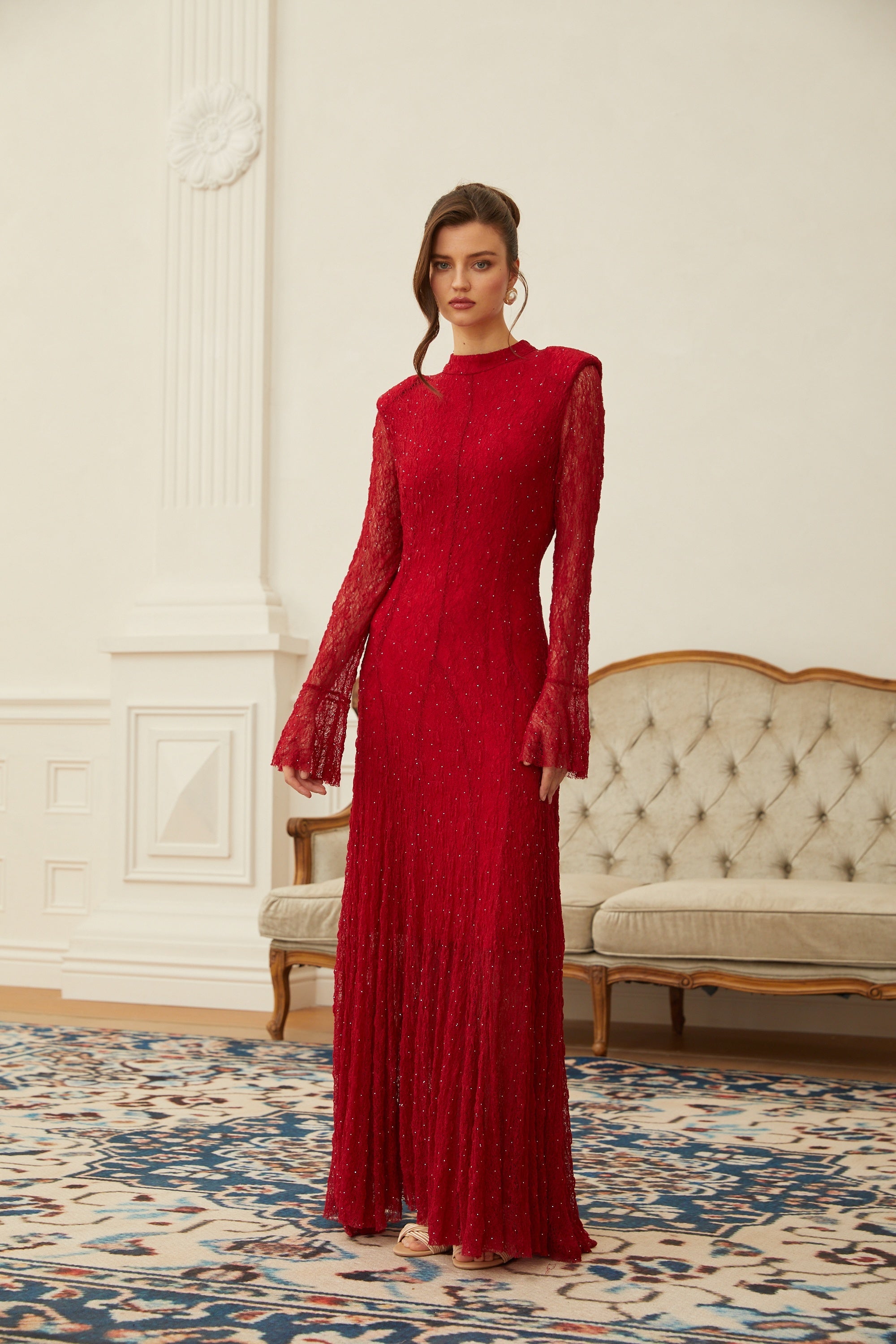 Justyna Red Rhinestone Guipure Lace Maxi Dress (Final Sale)