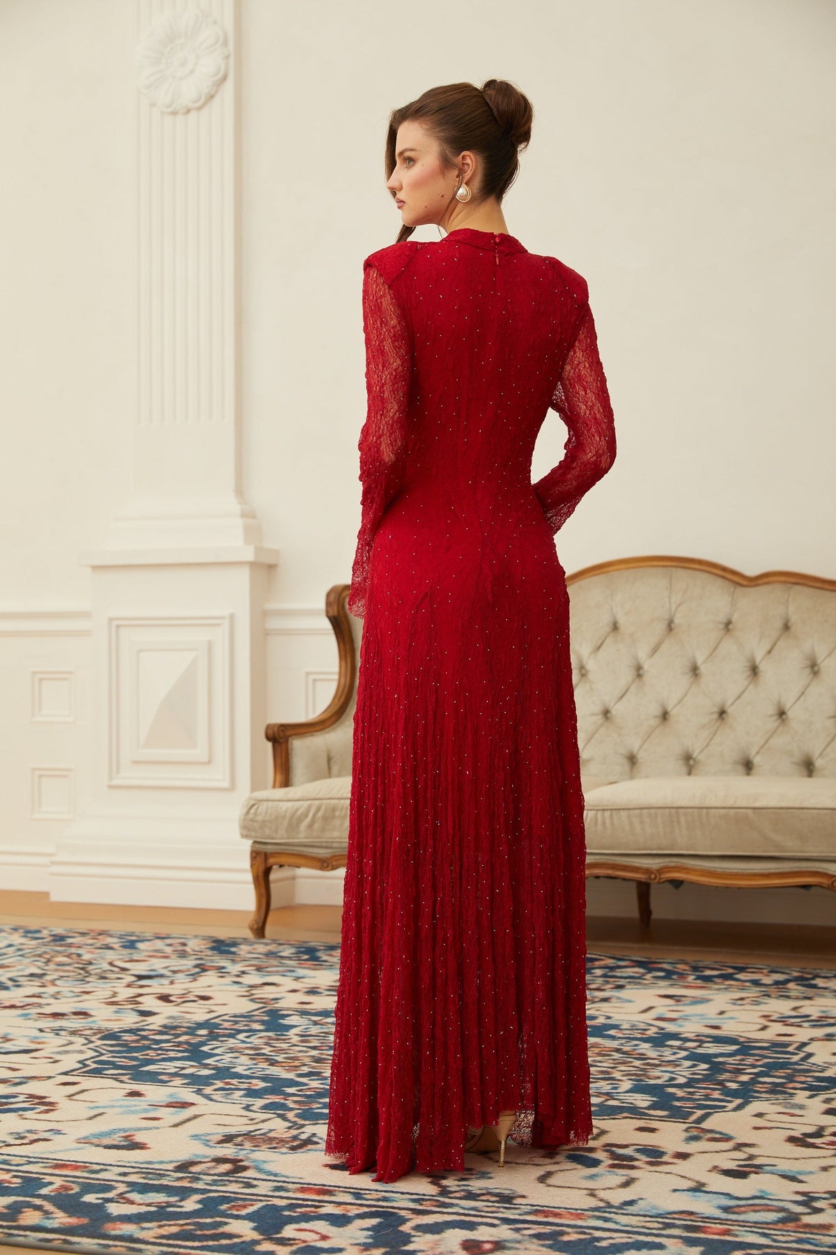 Justyna Red Rhinestone Guipure Lace Maxi Dress (Final Sale-US Only)