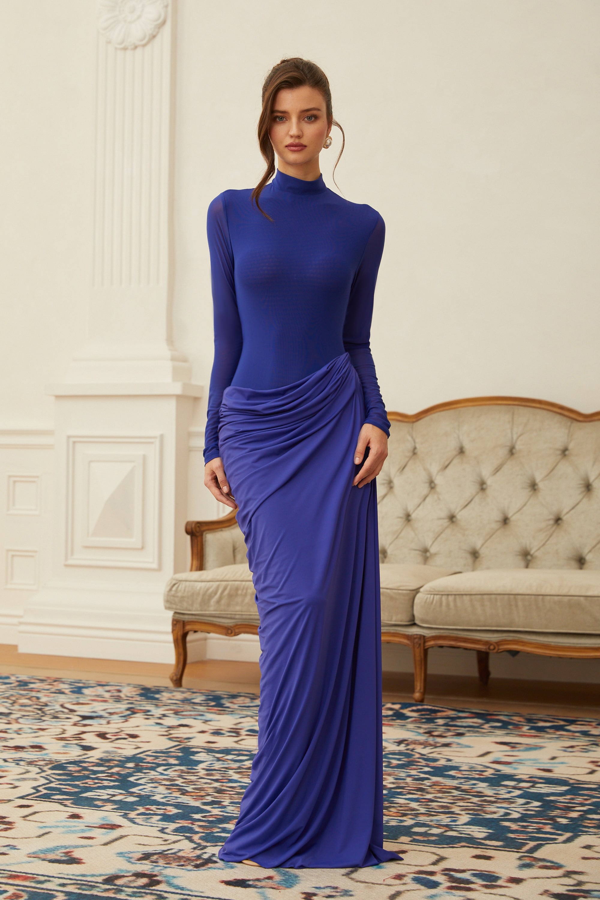 Éva Blue Draped Gathered Maxi Dress