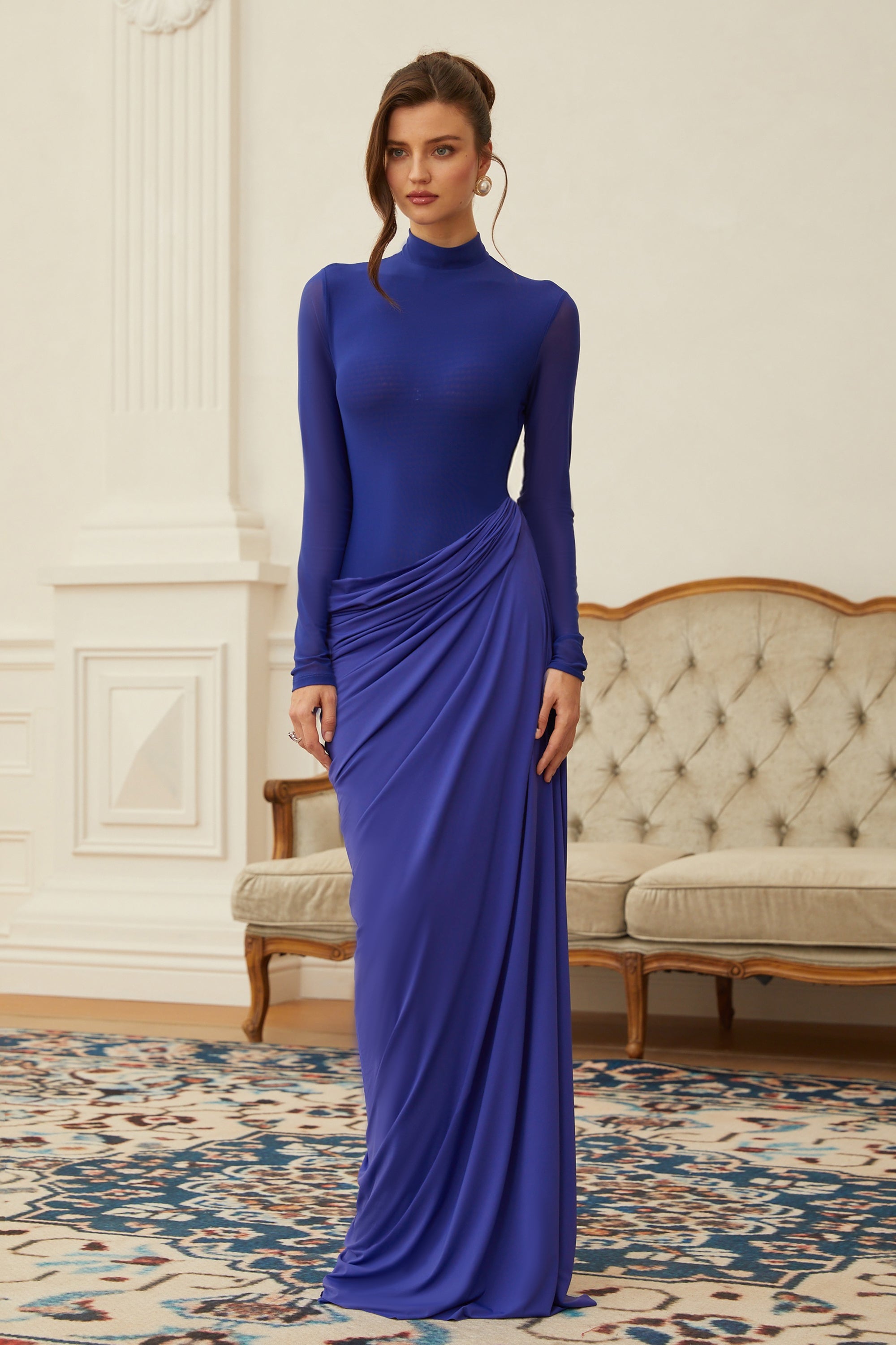 Éva Blue Draped Gathered Maxi Dress