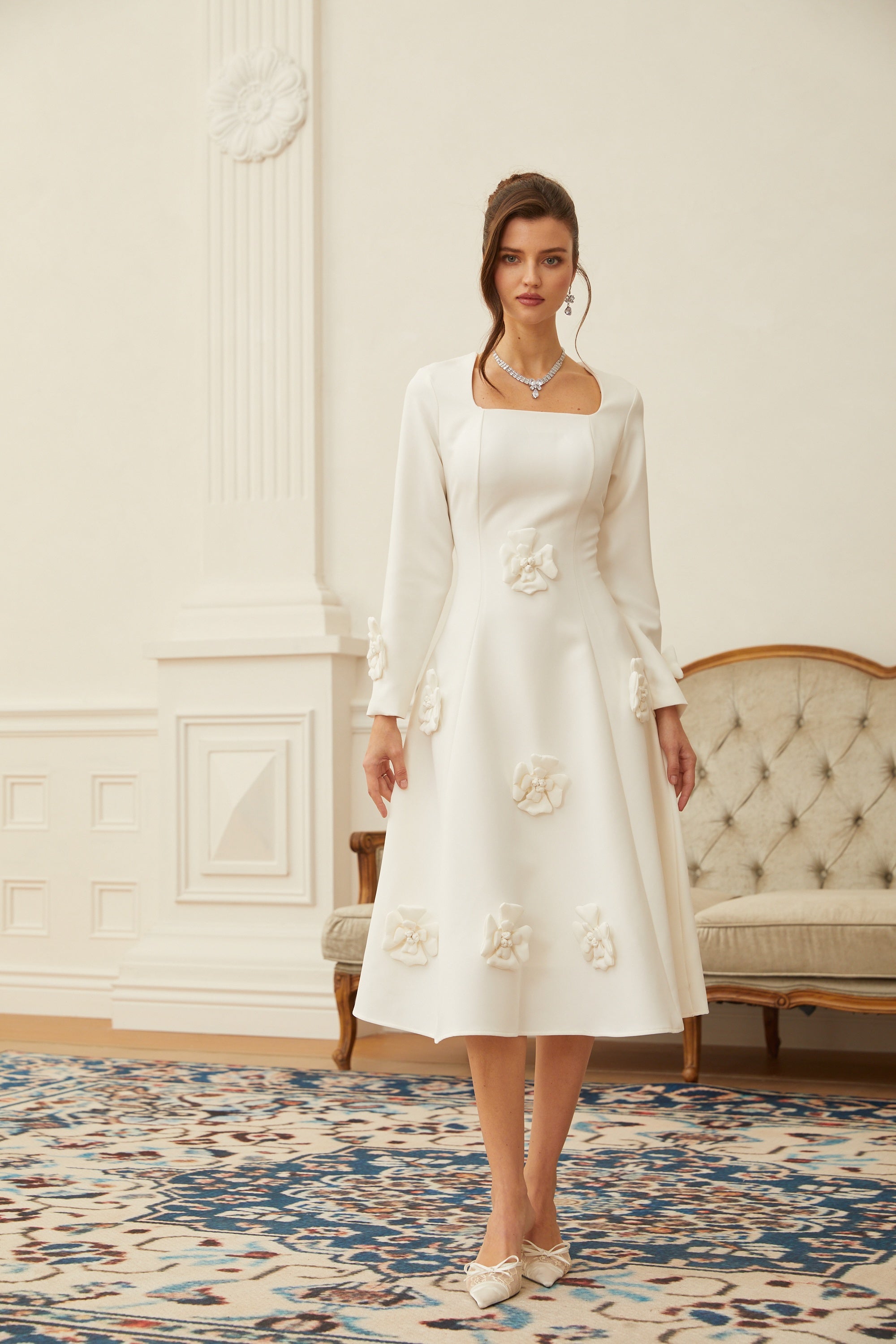Estrid White 3D Petal Darted Midi Dress