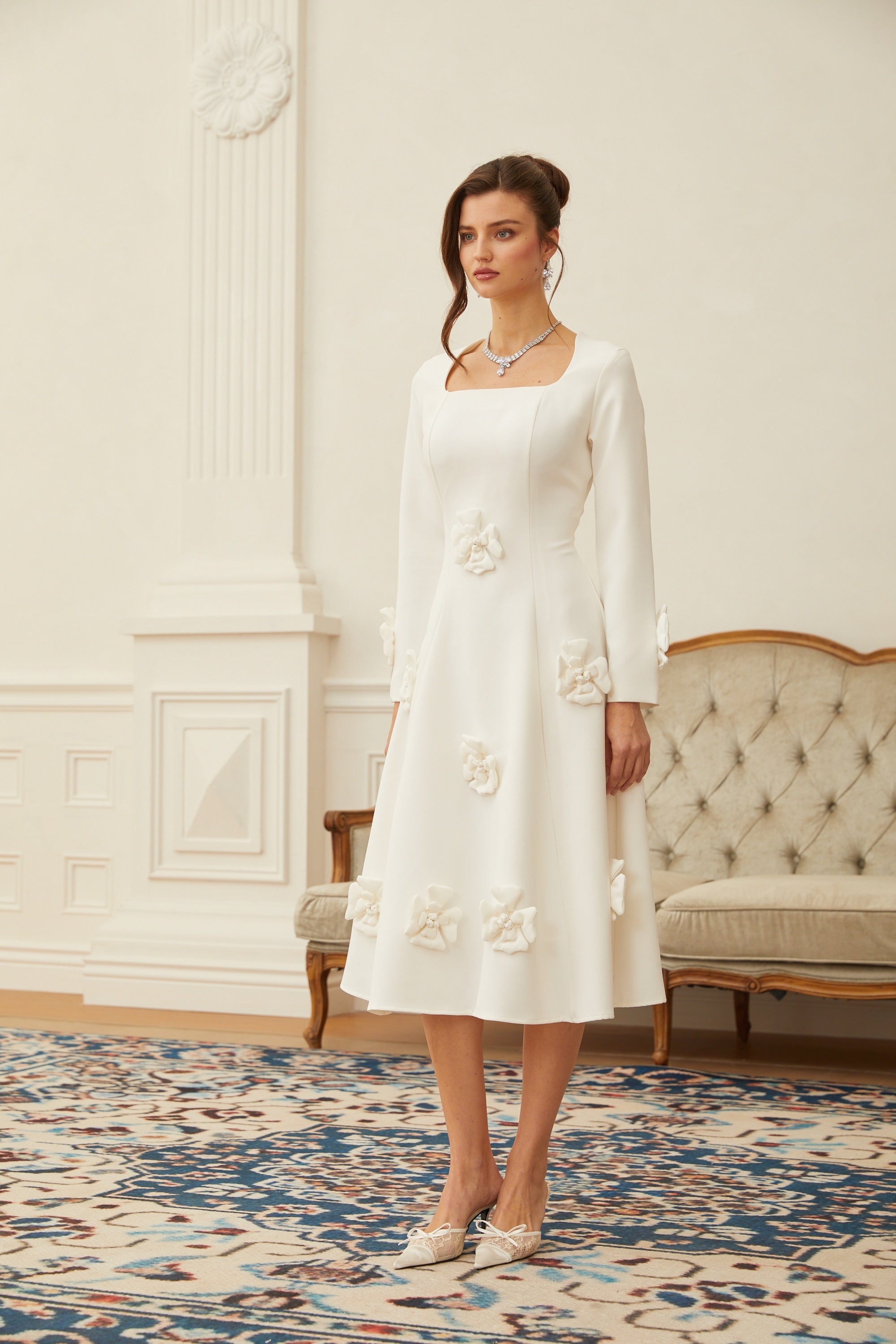 Estrid White 3D Petal Darted Midi Dress